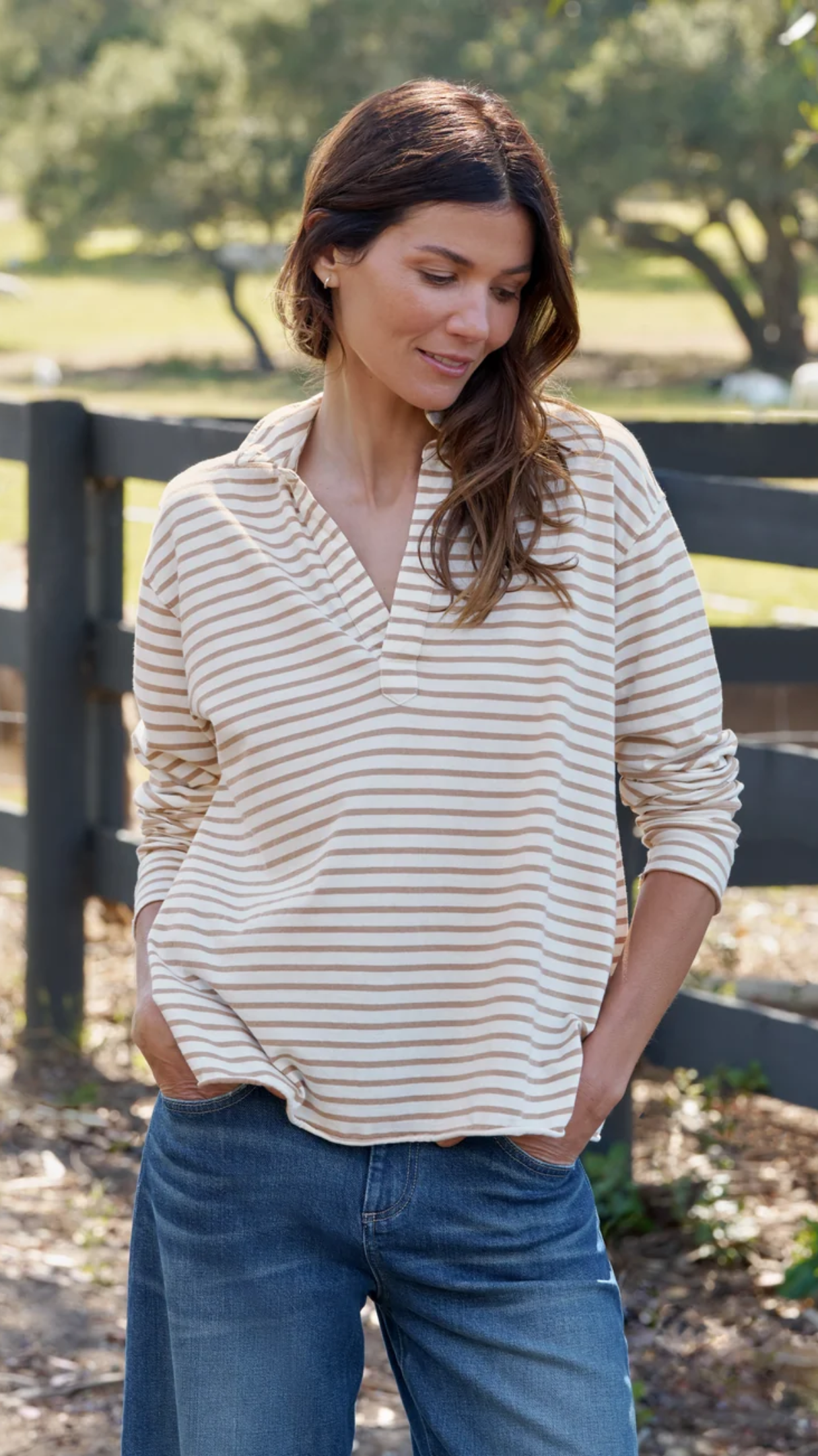 Frank & Eileen Patrick Popover Henley in Vintage White and Camel Stripe