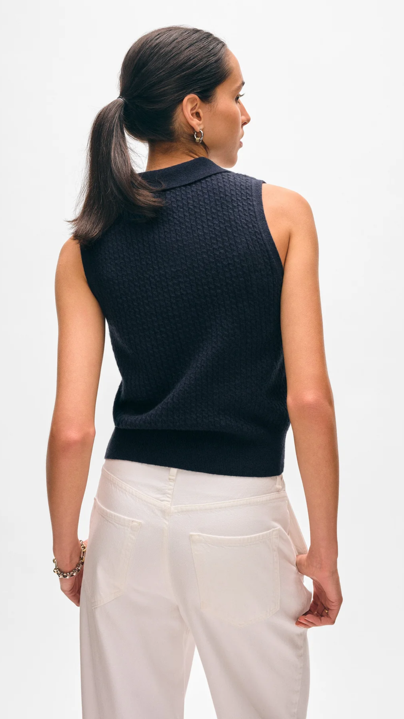 White + Warren Cashmere Cable Sleeveless Polo in Deep Navy