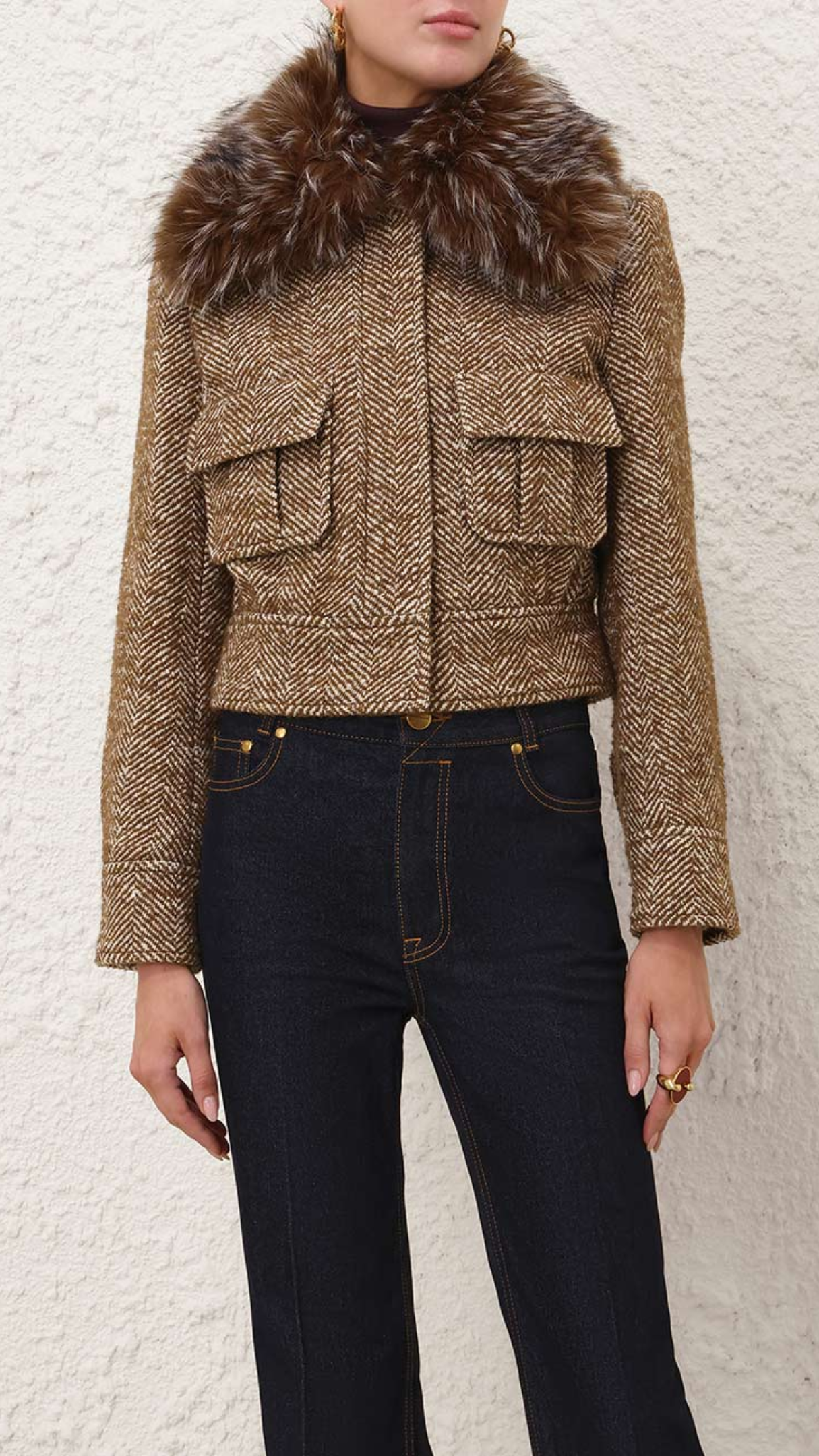 Zimmermann Valiant Faux Fur Collar Biker Jacket in Camel