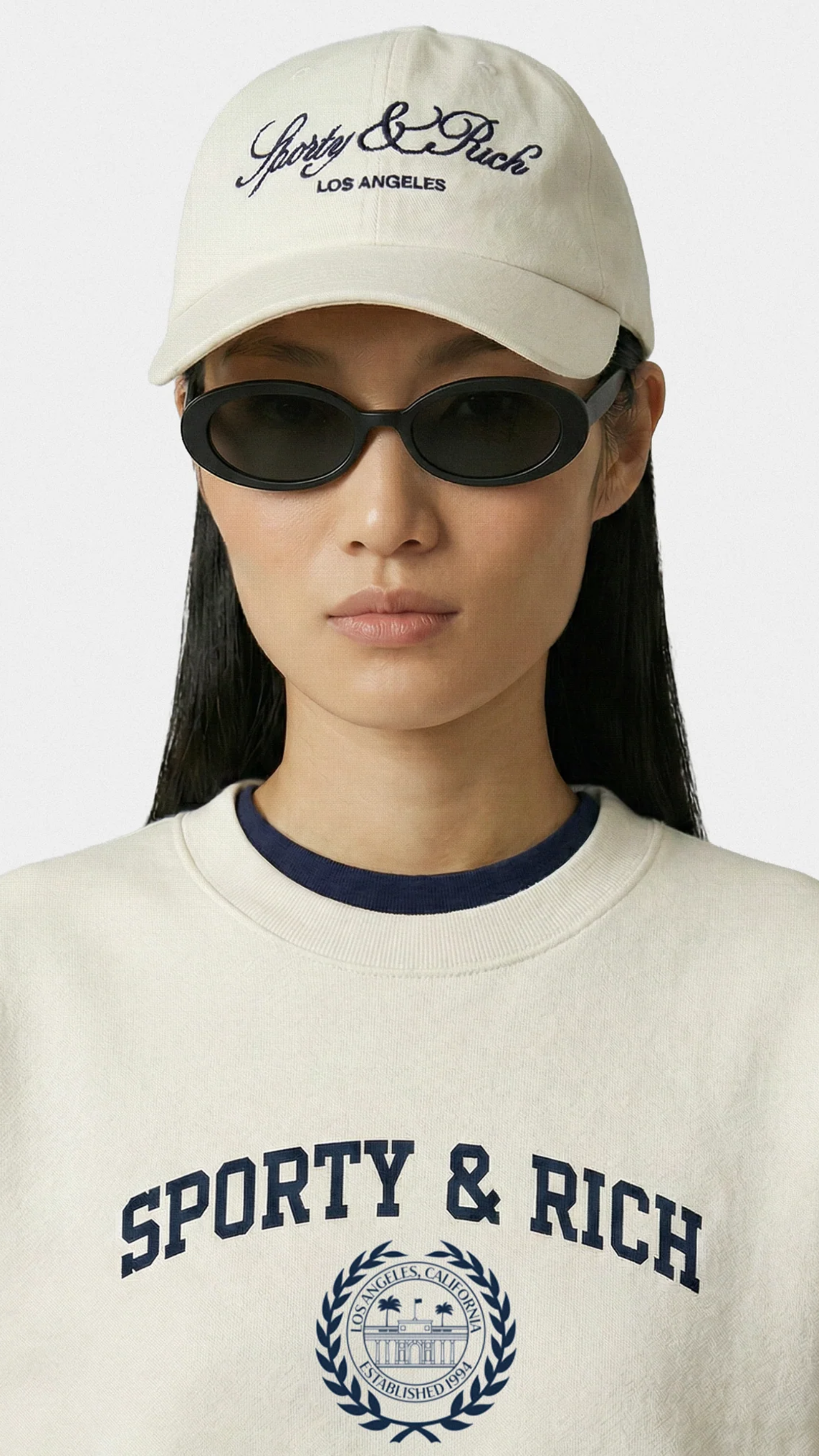 Sporty & Rich Vendome LA Hat in Ecru/Navy