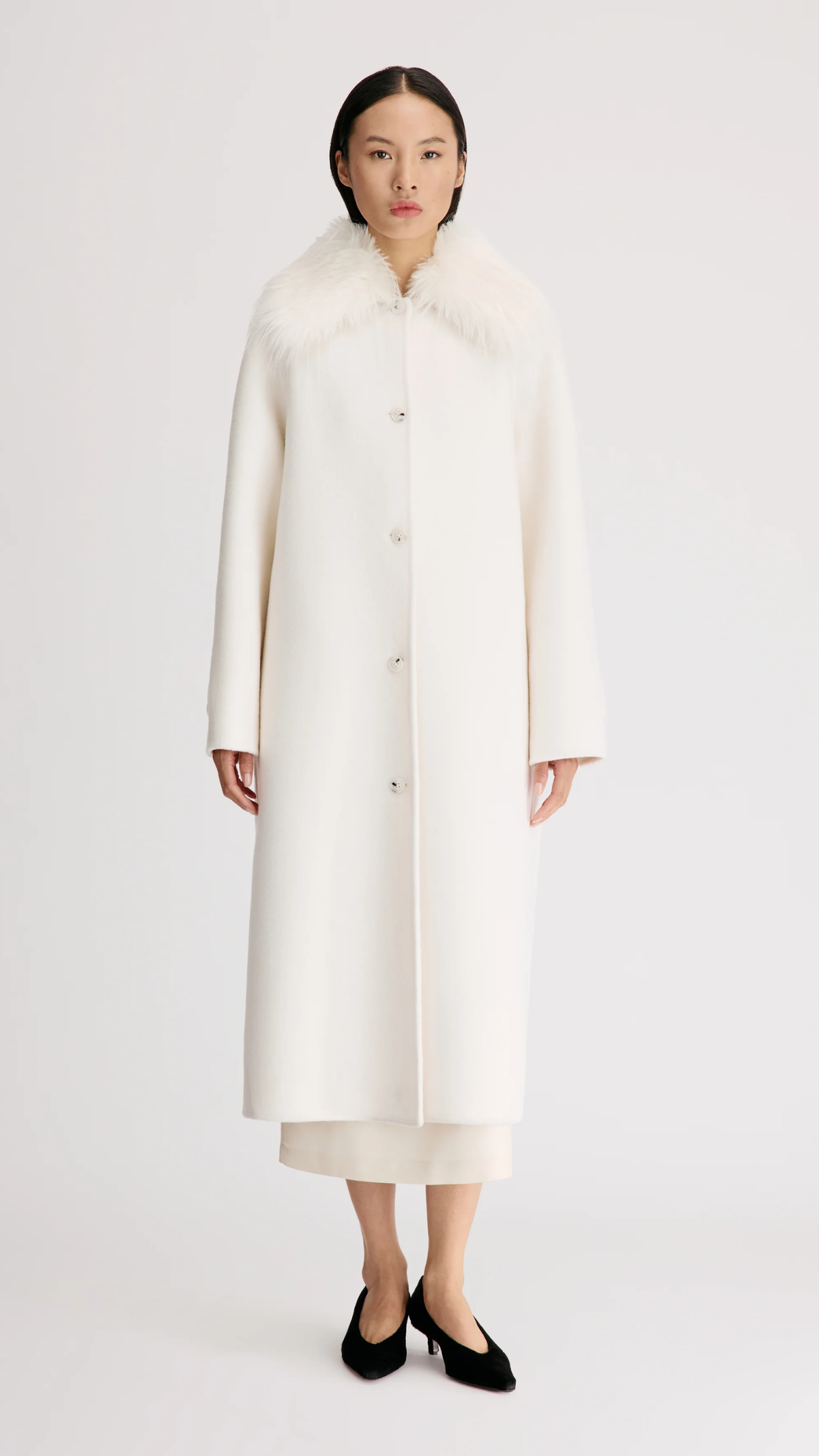 Loulou de Saison Yrsa Detachable Faux Fur Collar Coat in Ivory