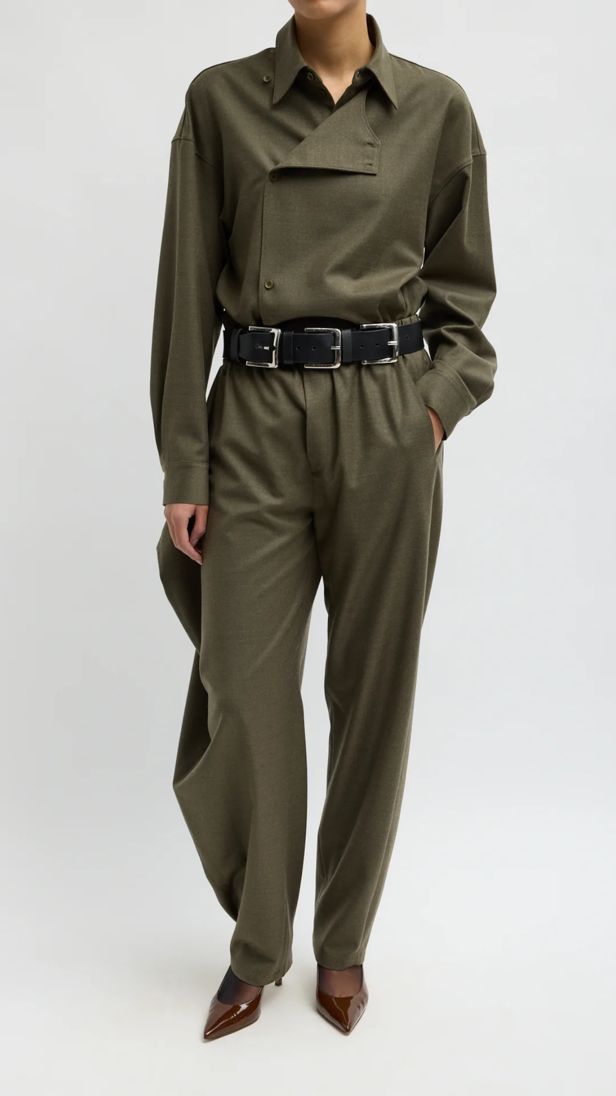 Tibi Cozy Flannel Side Drape Pant in Amry Green