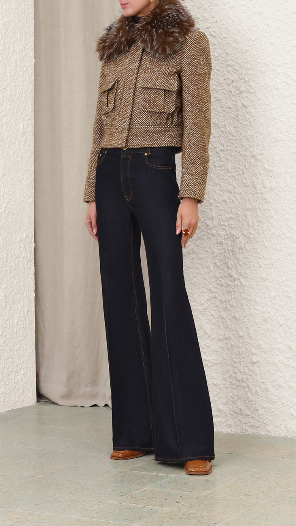 Zimmermann Valiant Faux Fur Collar Biker Jacket in Camel