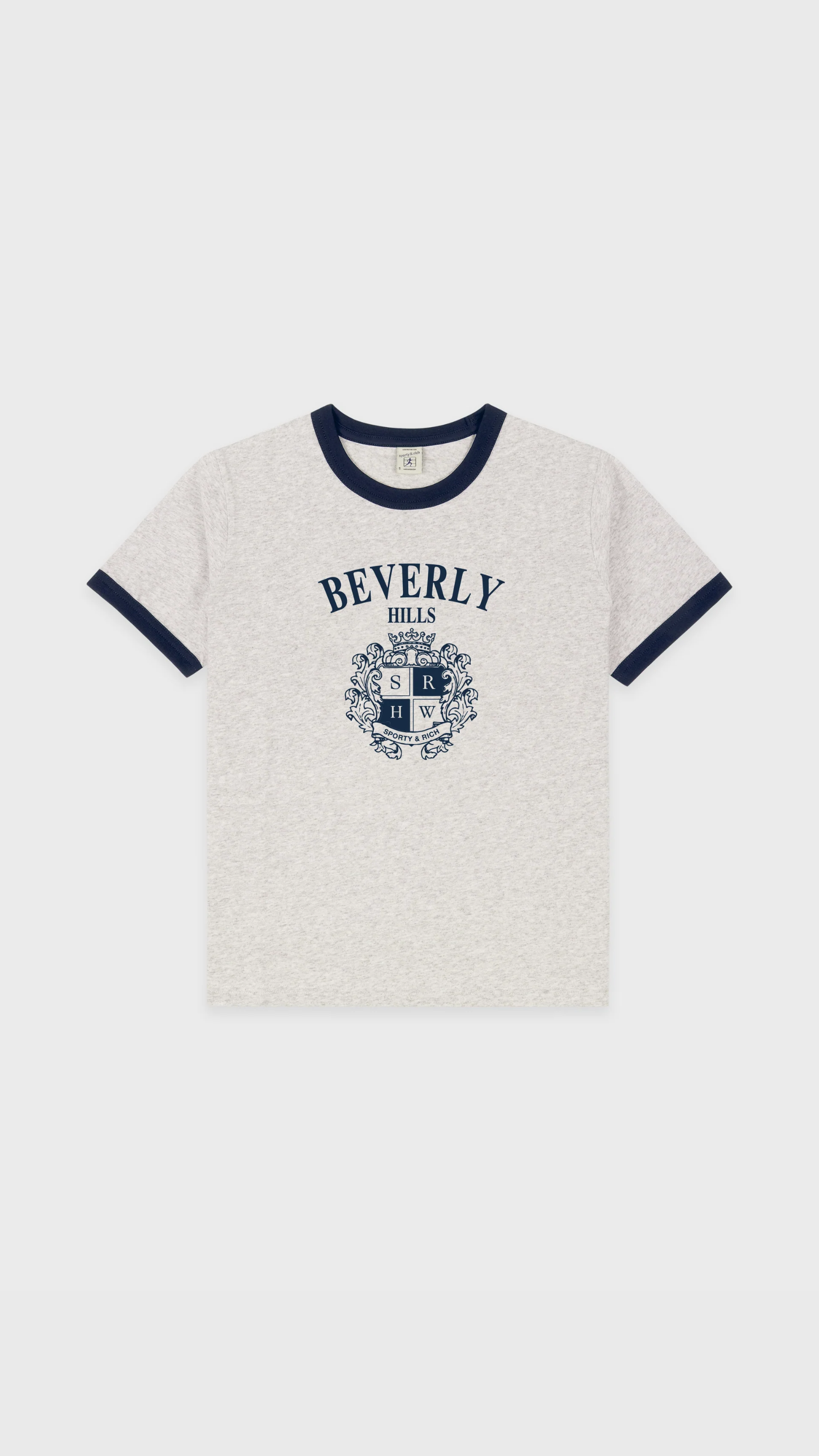 Sporty & Rich BH Crest Soft Ringer Tee in Heather Gray/Navy