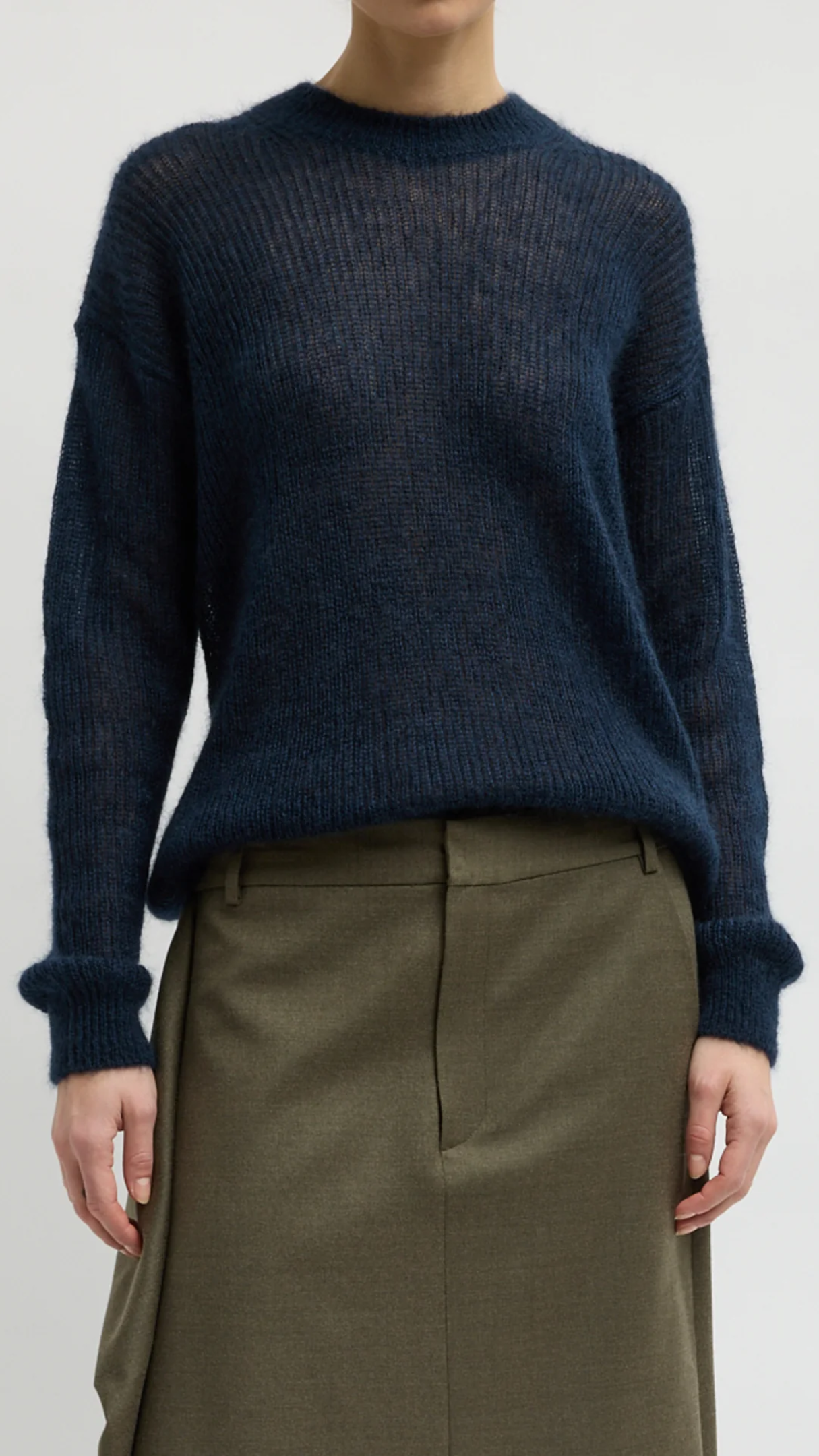 Tibi Silk Mohair Crewneck Easy Pullover in Navy