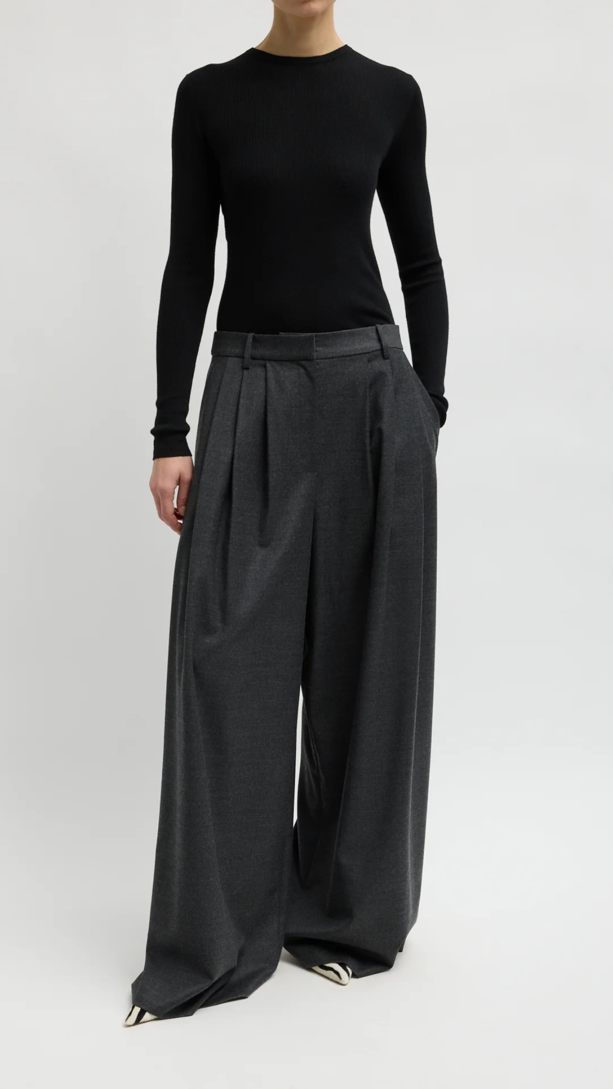Tibi Cozy Flannel Triple Pleat Pant in Dark Heather Grey