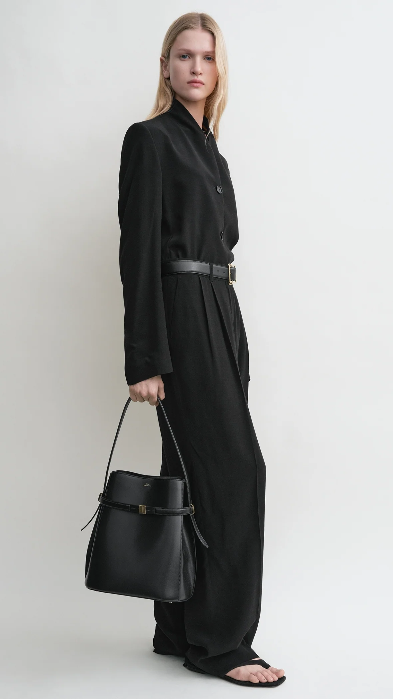 Toteme Belted Leather Bucket Bag in Black