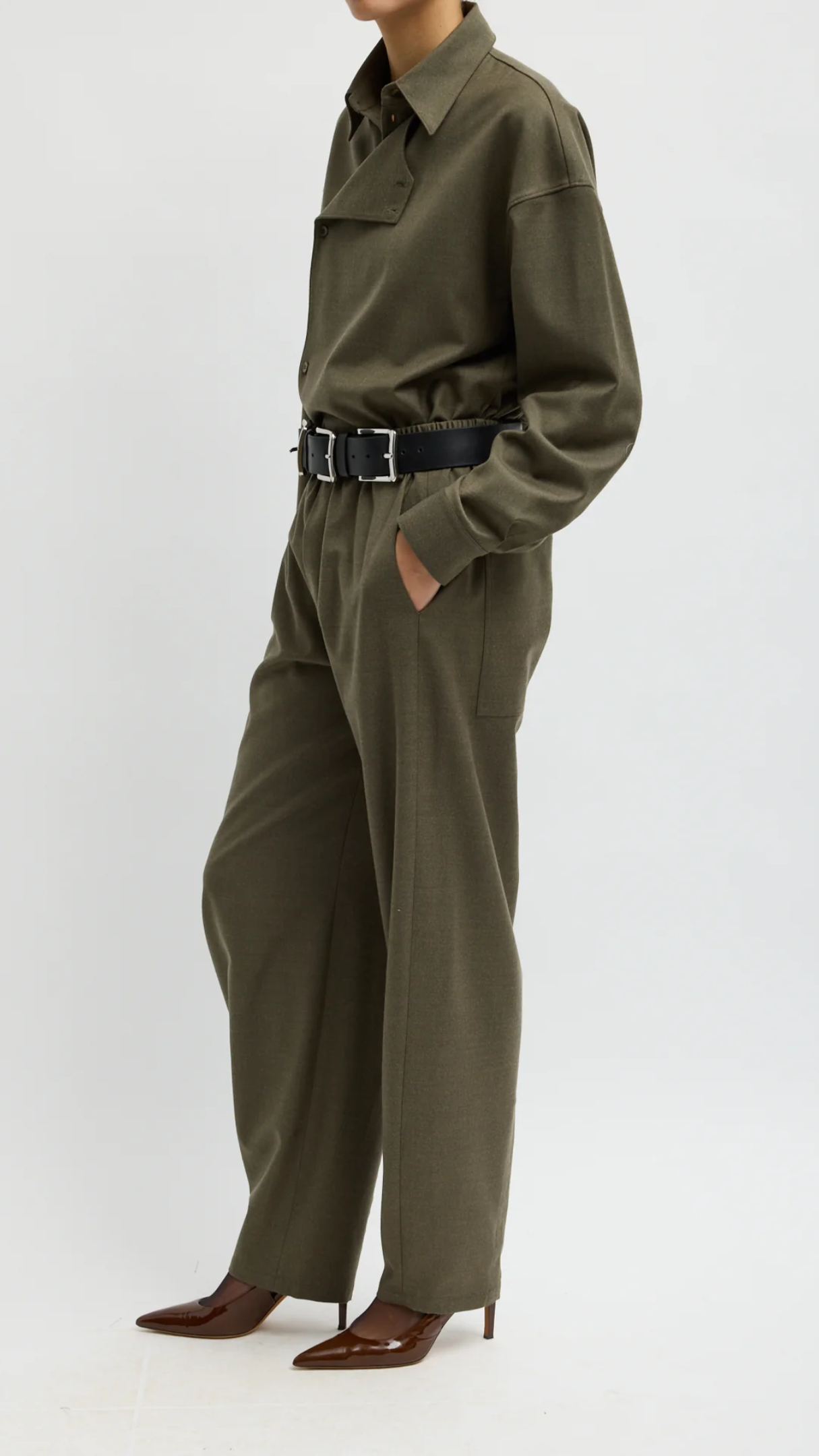 Tibi Cozy Flannel Side Drape Pant in Amry Green