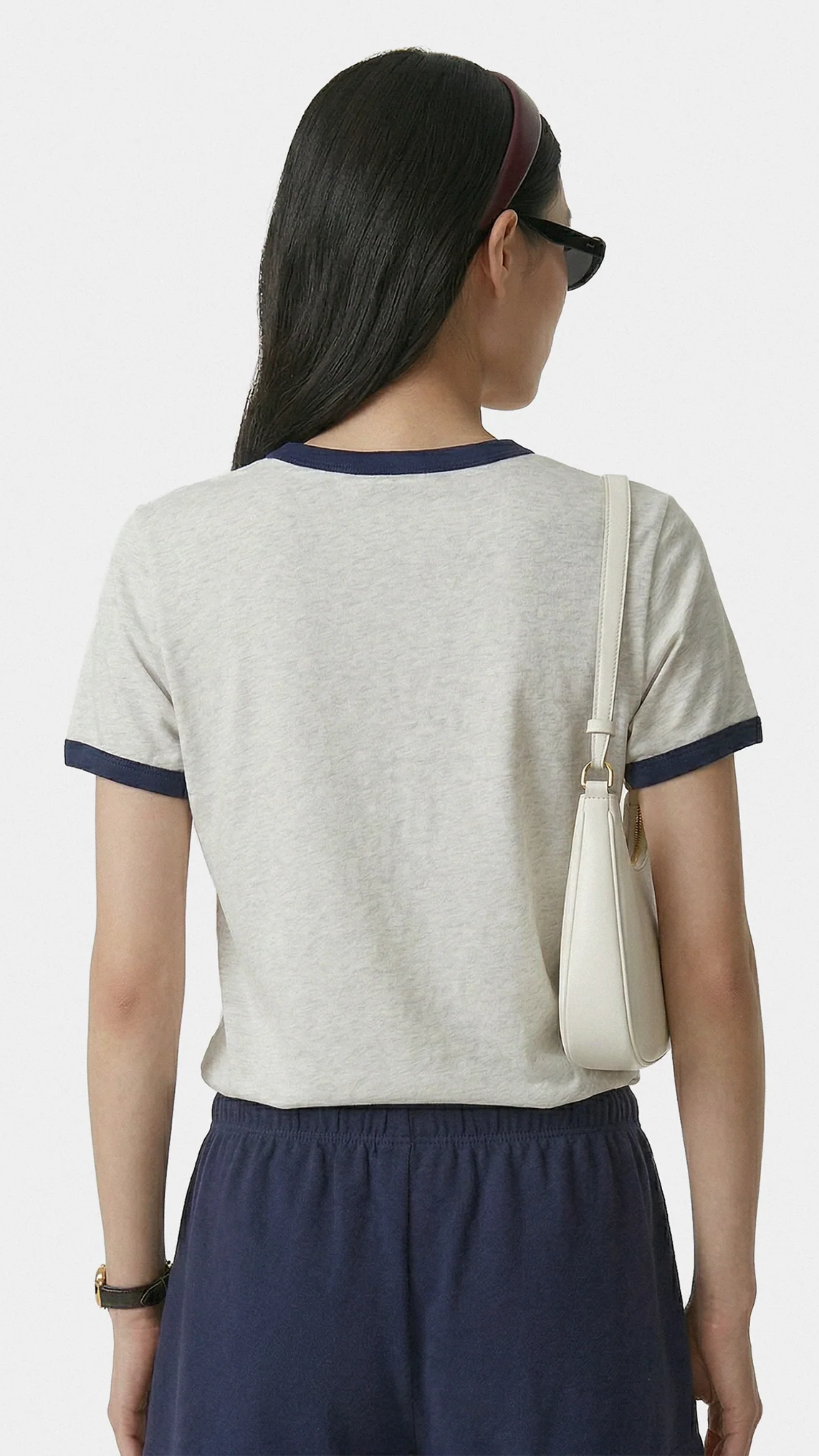 Sporty & Rich BH Crest Soft Ringer Tee in Heather Gray/Navy