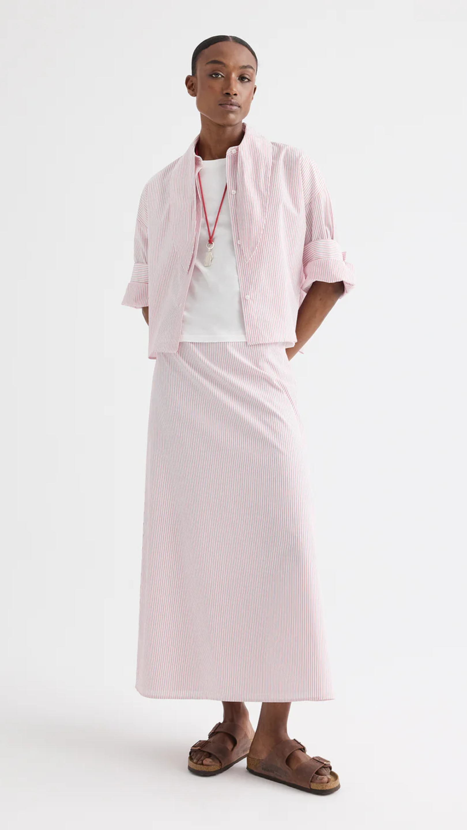 TWP Tie One On Cotton Stripes Shirt in White/Red