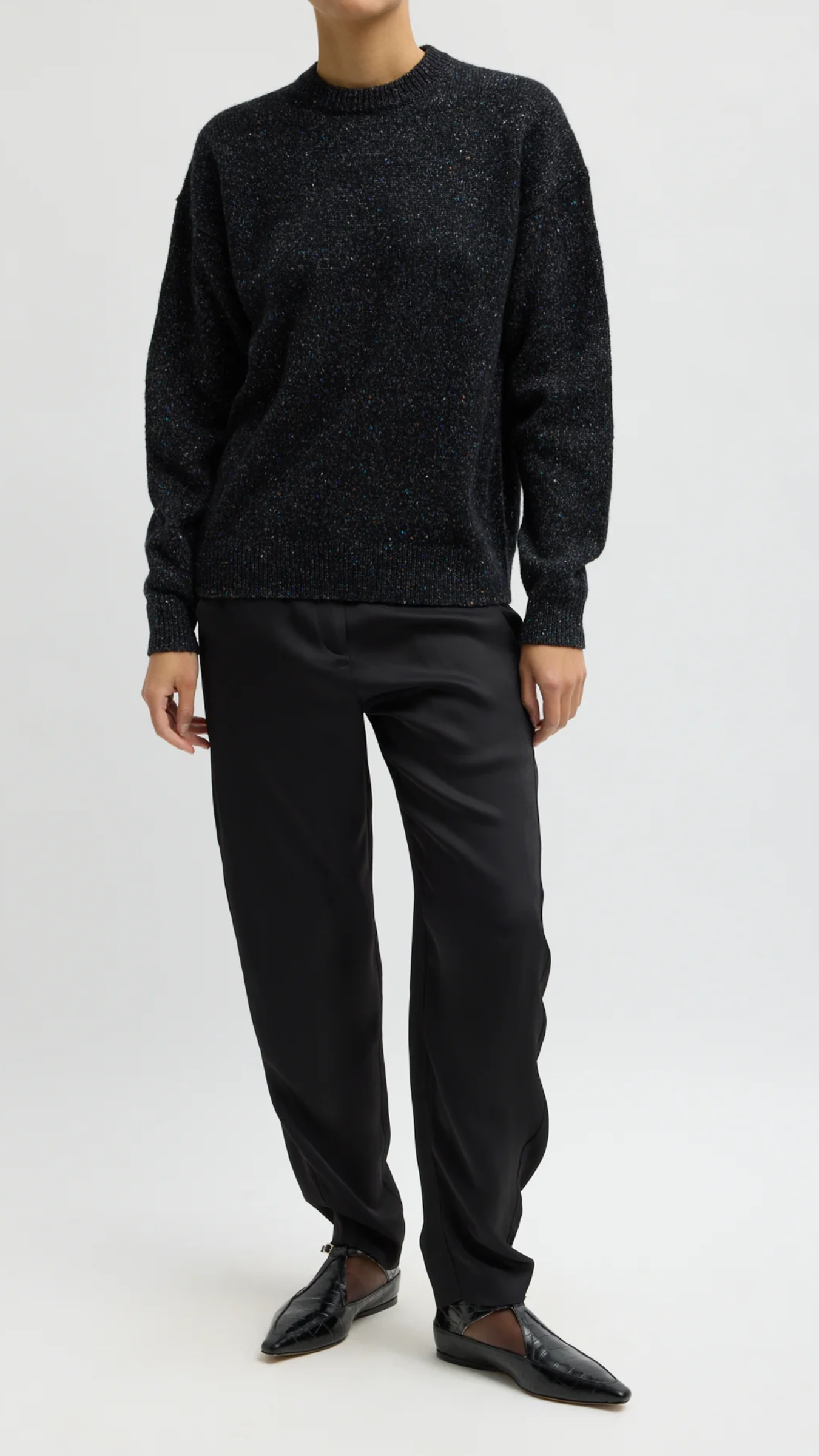 Tibi Speckled Tweed Crewneck Easy Pullover in Black Multi