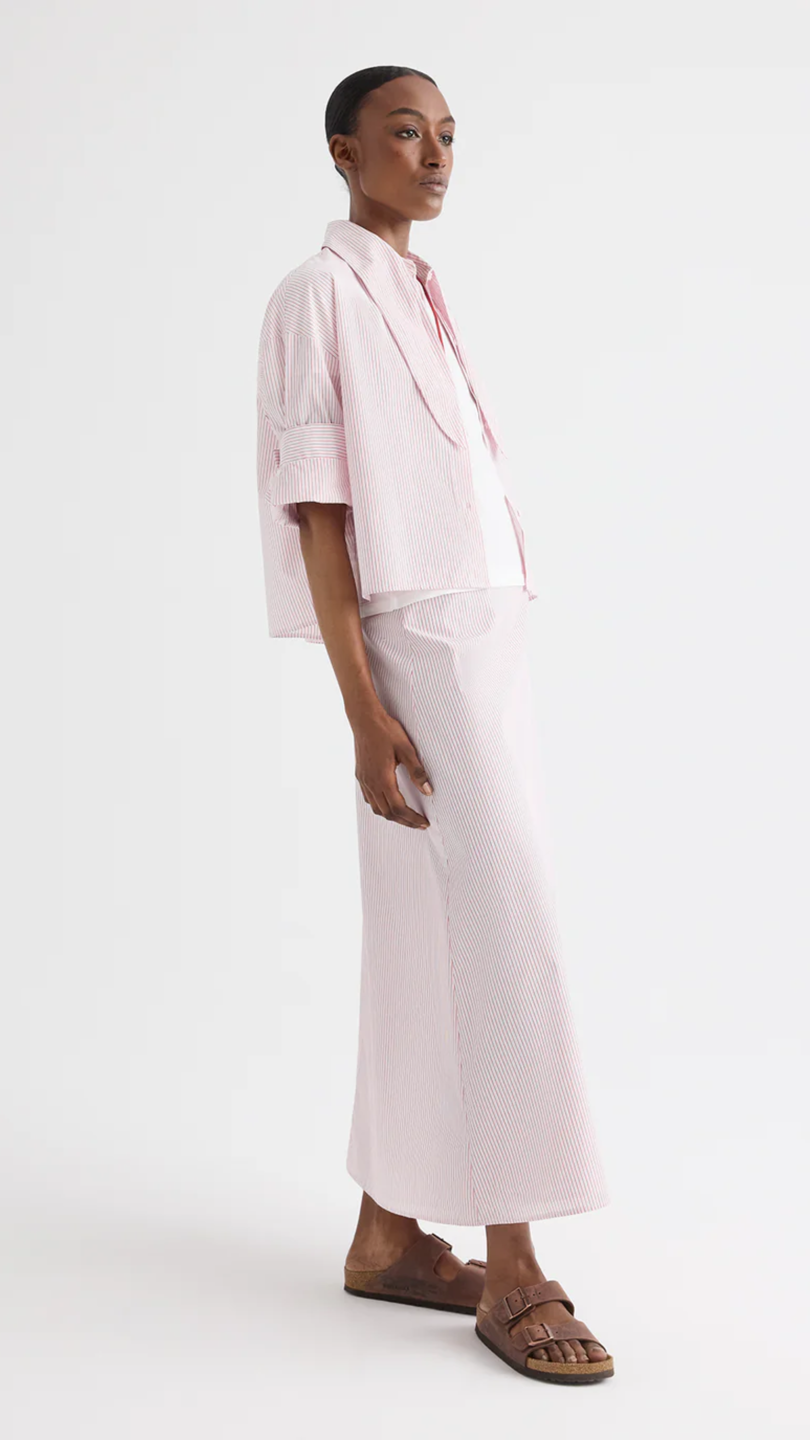 TWP Tie One On Cotton Stripes Shirt in White/Red