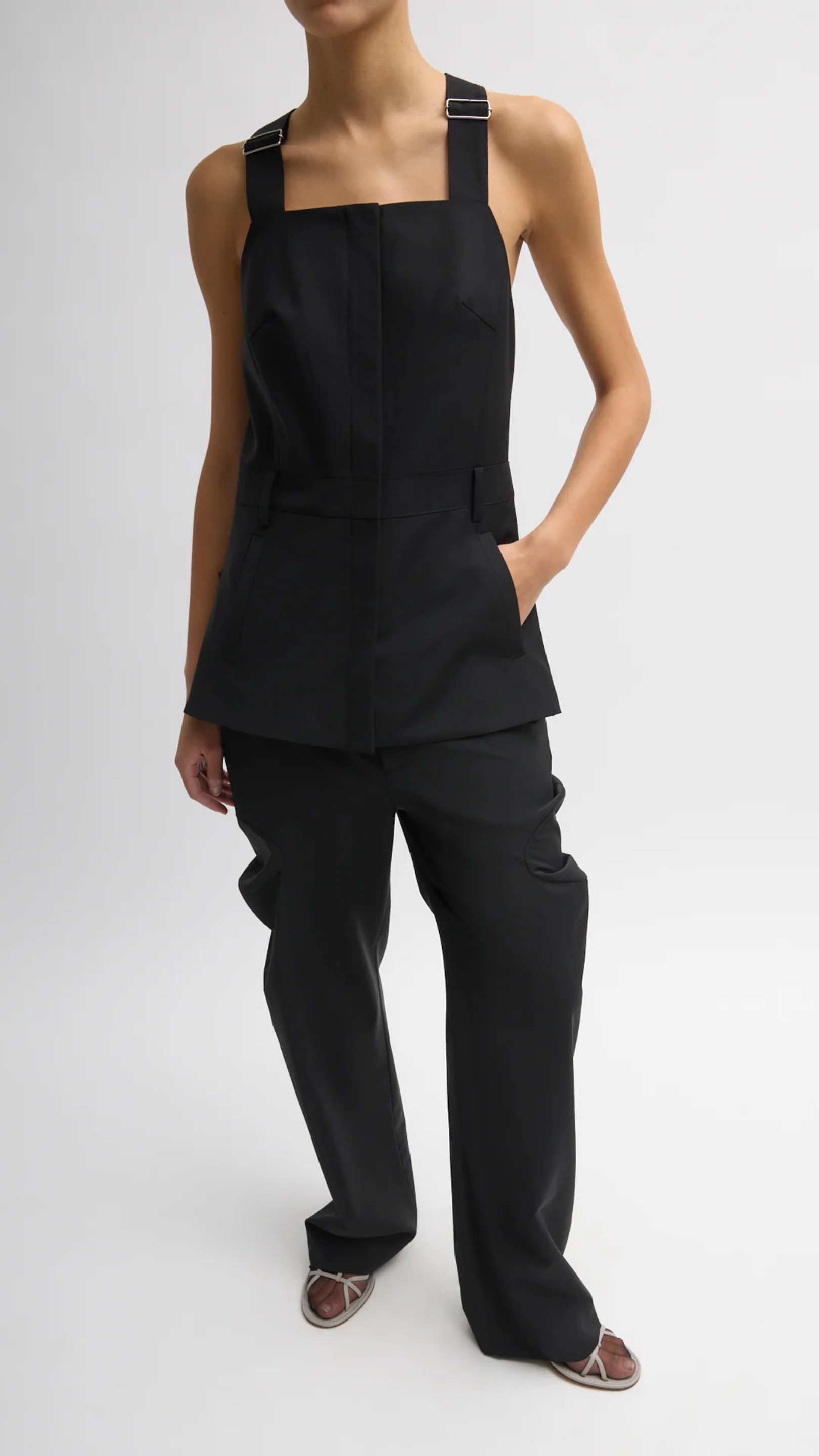 Tibi Recycled Tropical Wool Overall Top in Black