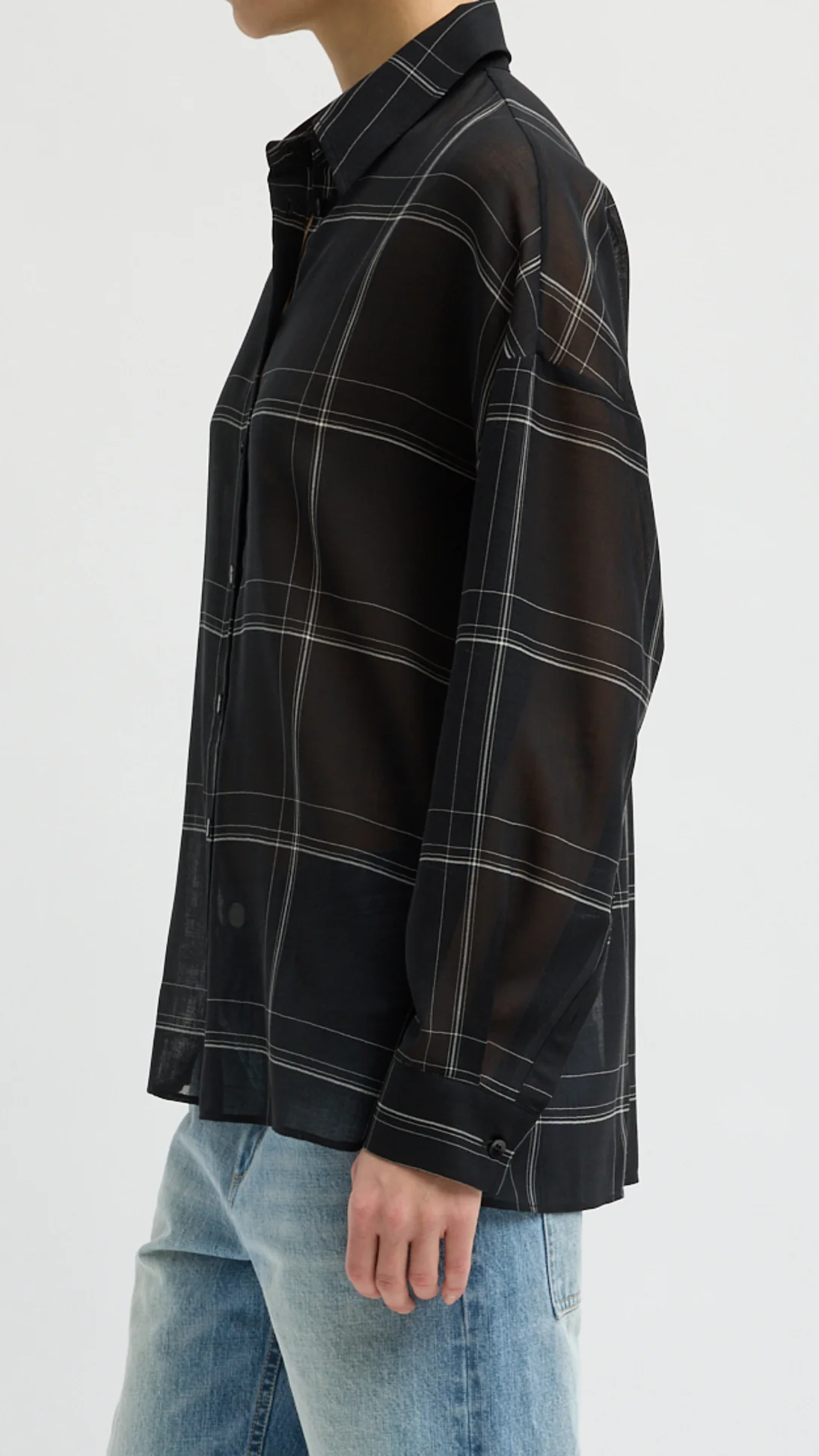 Tibi Sheer Wool Gauze Check Oversized Shirt in Black Multi