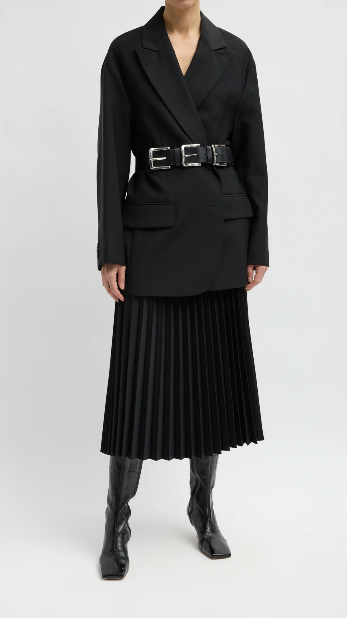 Tibi Triple Buckle Arthur Leather Belt in Black
