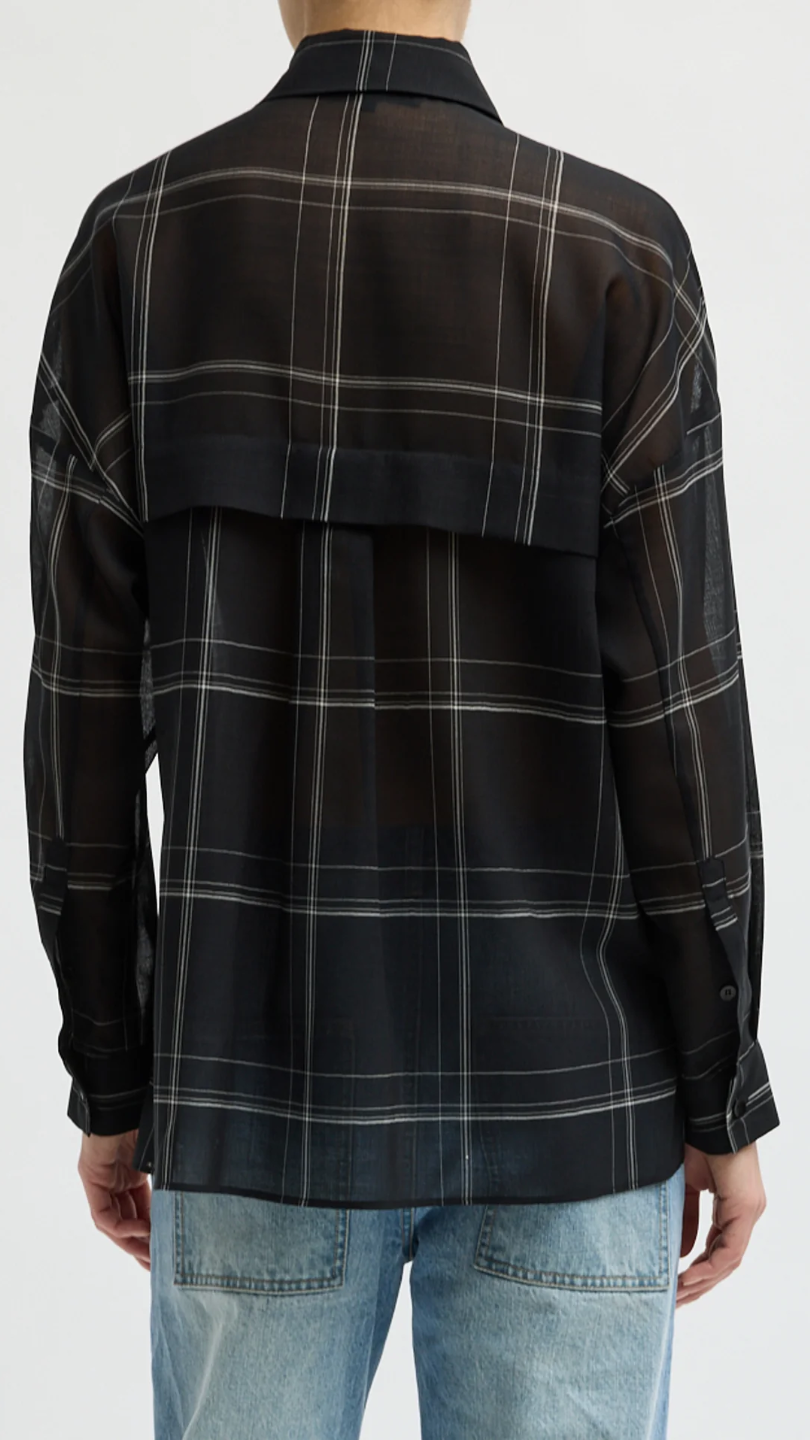 Tibi Sheer Wool Gauze Check Oversized Shirt in Black Multi