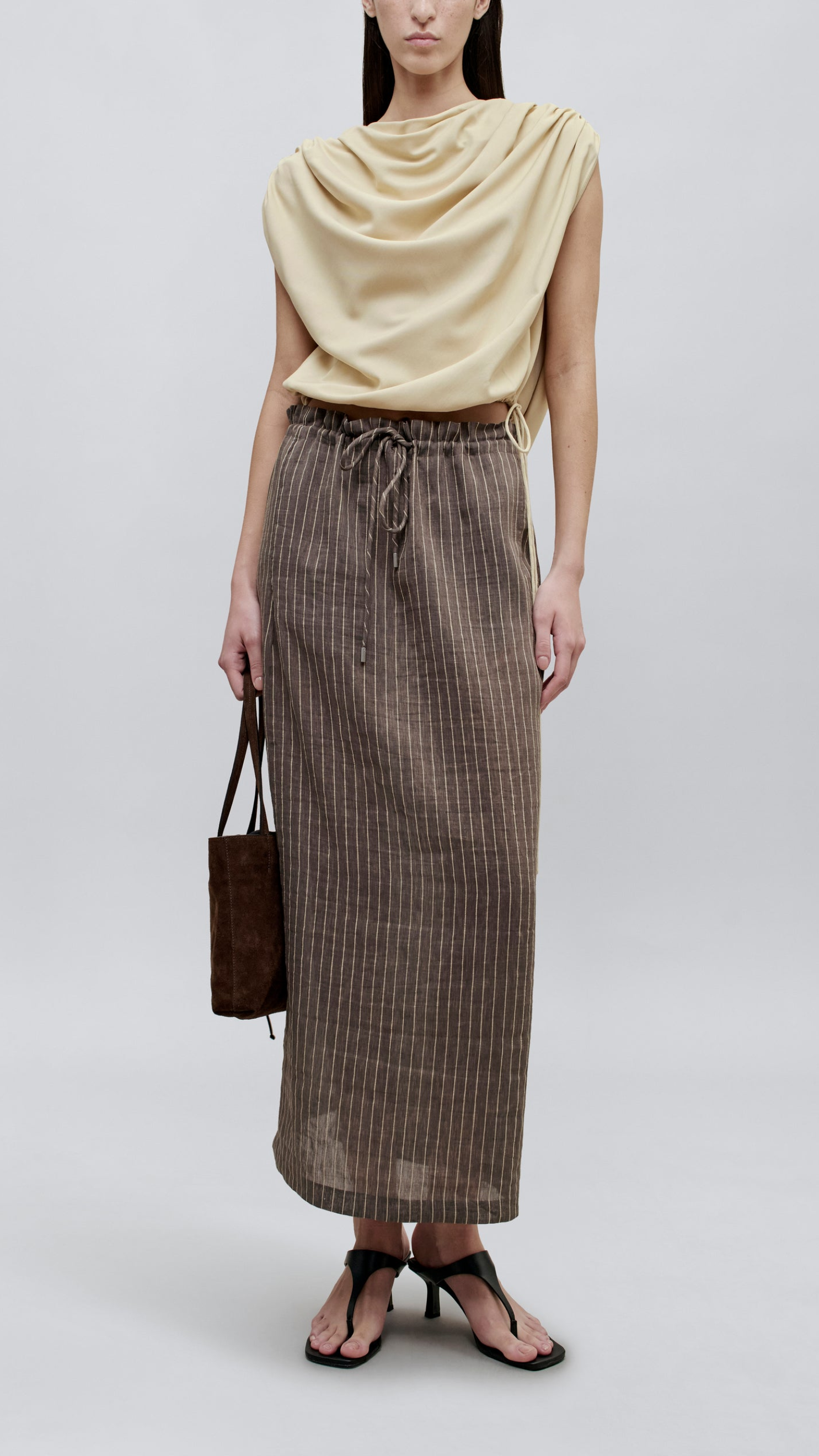 Kallmeyer Regina Drawstring Skirt in Graphite Linen Stripe