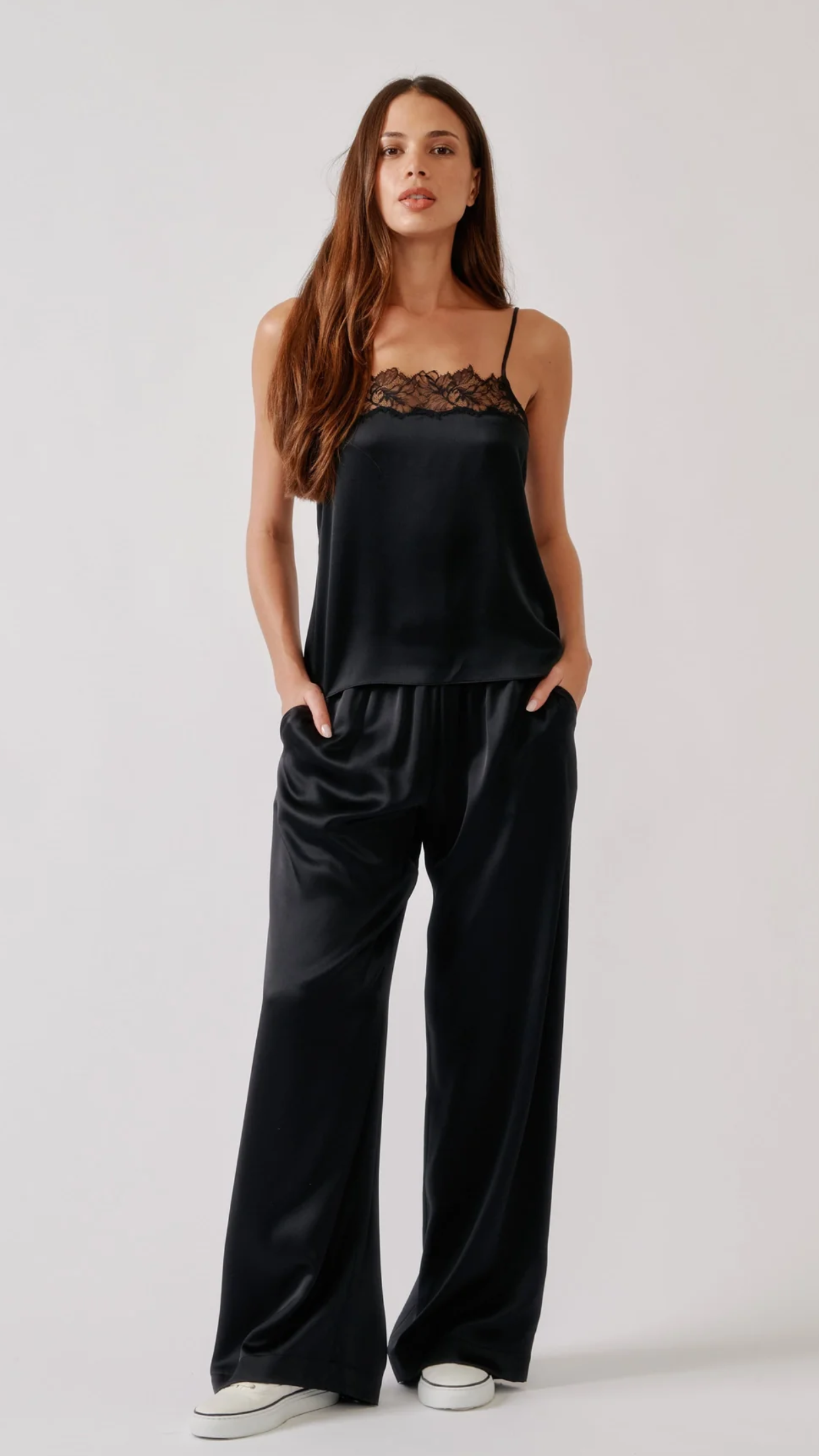Sablyn Haya Lace Trim Square Neck Silk Cami in Black