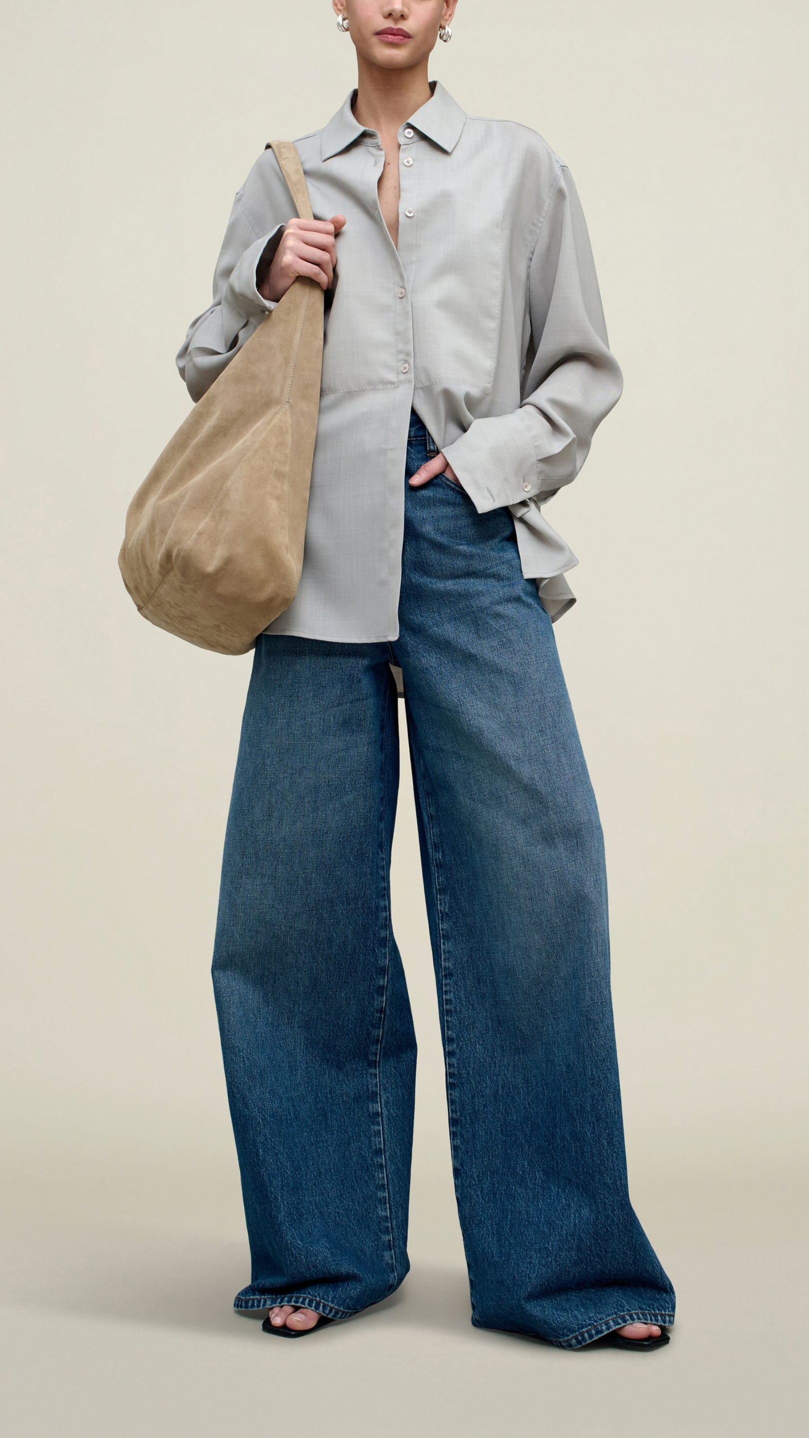 Kallmeyer Chloé Bib Button Down in Light Silver Wool Voile