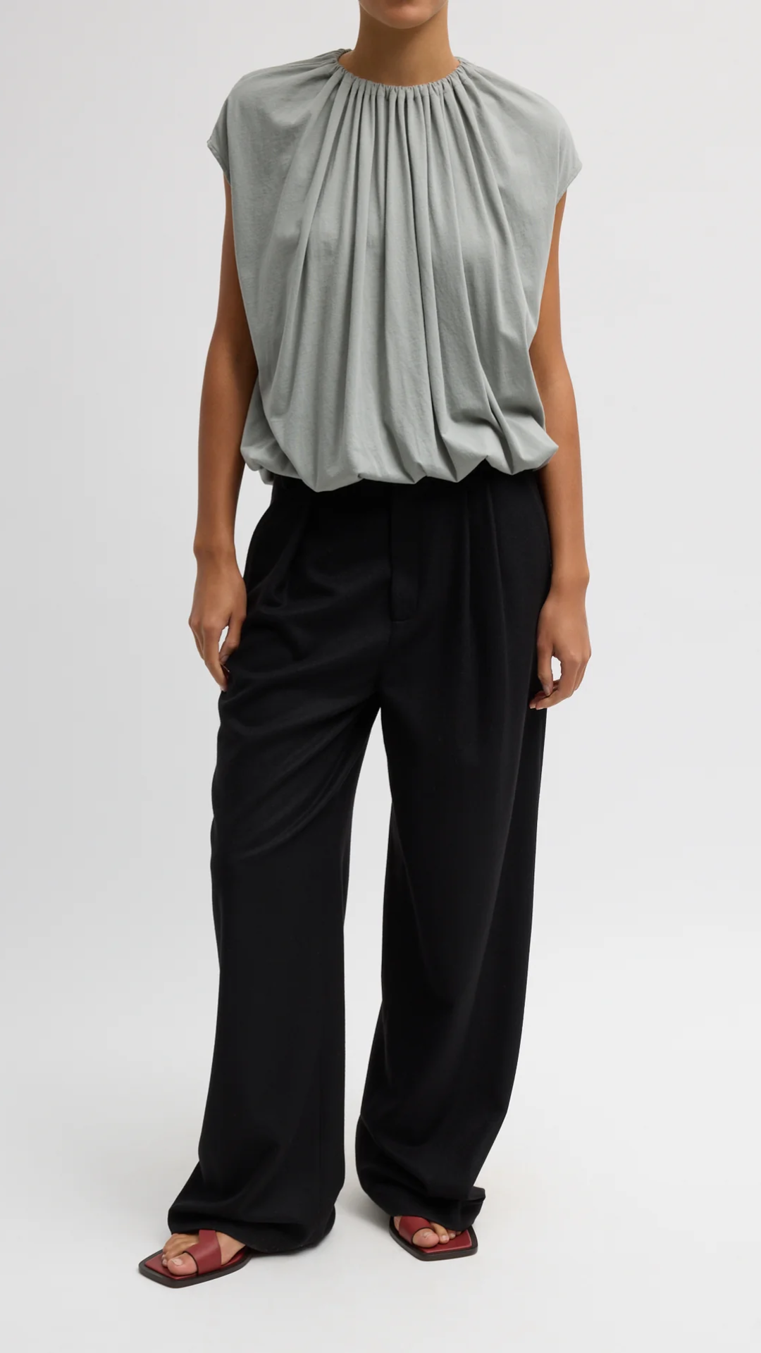 Tibi Shirred Neck Circular Top in Pumice