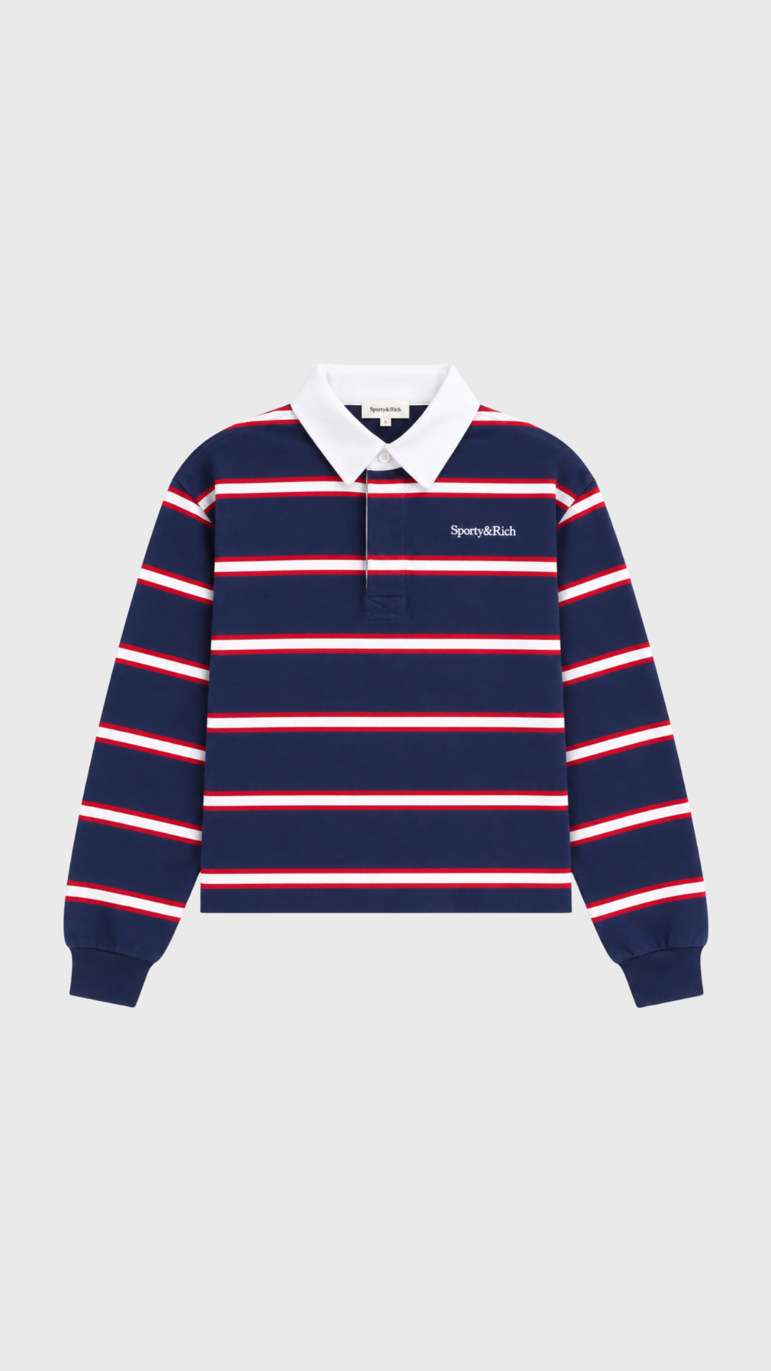 Sporty & Rich Blondie Serif Logo Rugby Polo in Dark Navy/Ruby/Gray/White