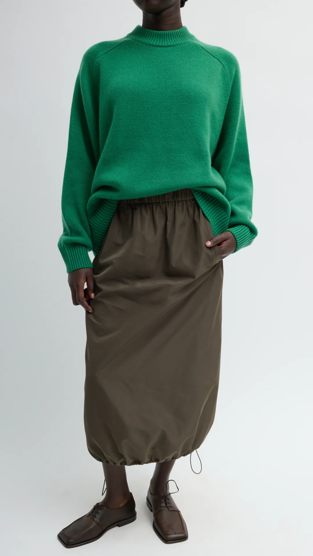 Tibi Sporty Nylon Midi Skirt in Dark Hazel