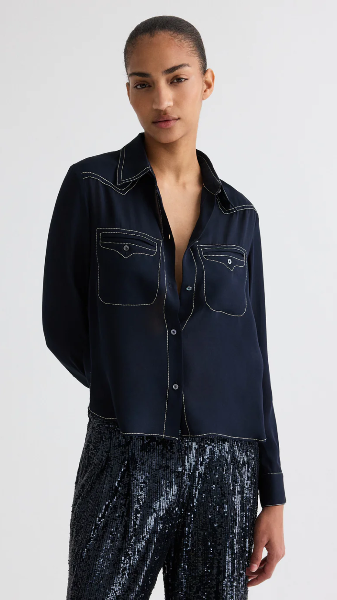 TWP Carter Topstitch Shirt in Midnight
