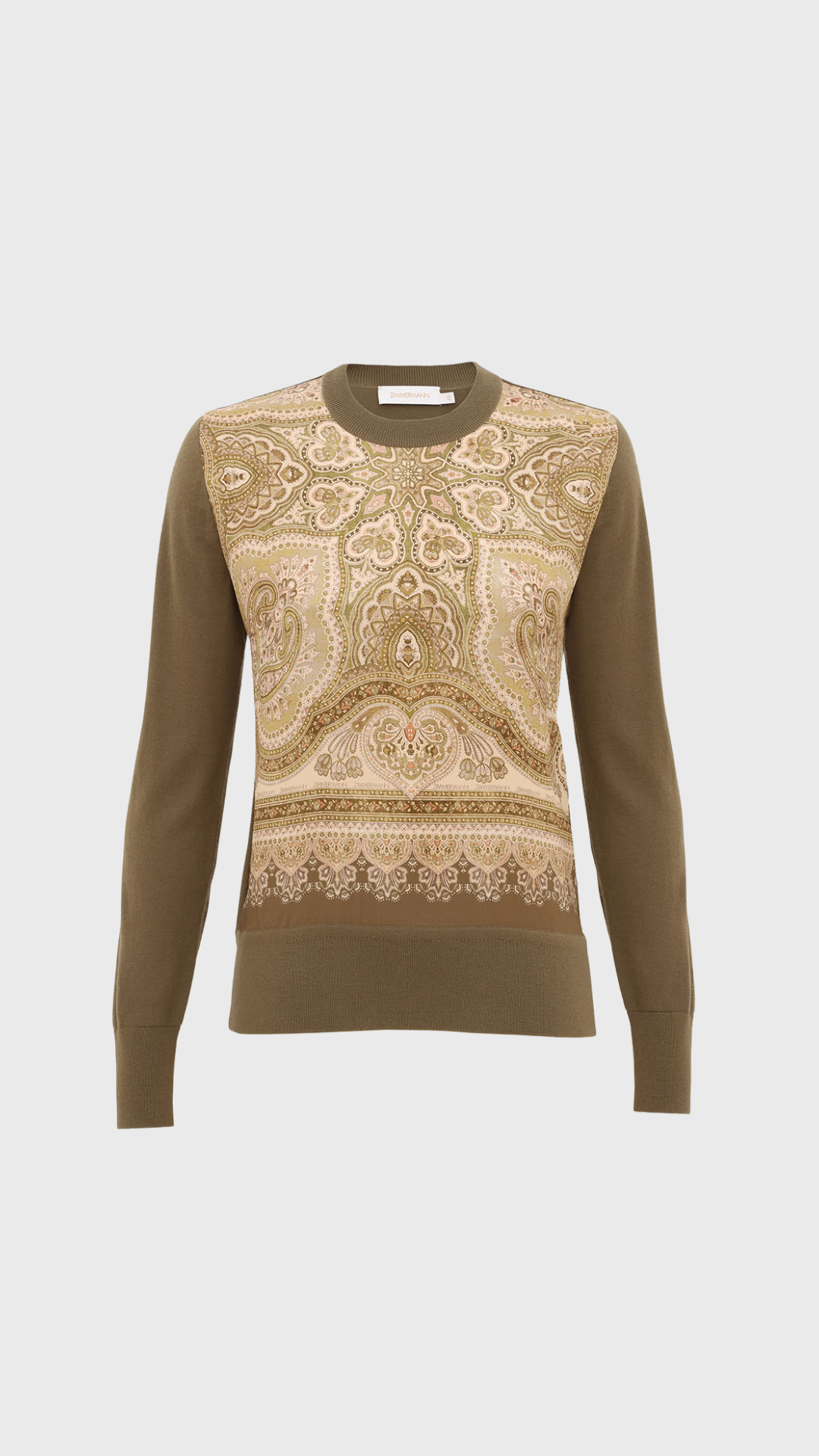 Zimmermann Luna Printed Silk Sweater in Olive