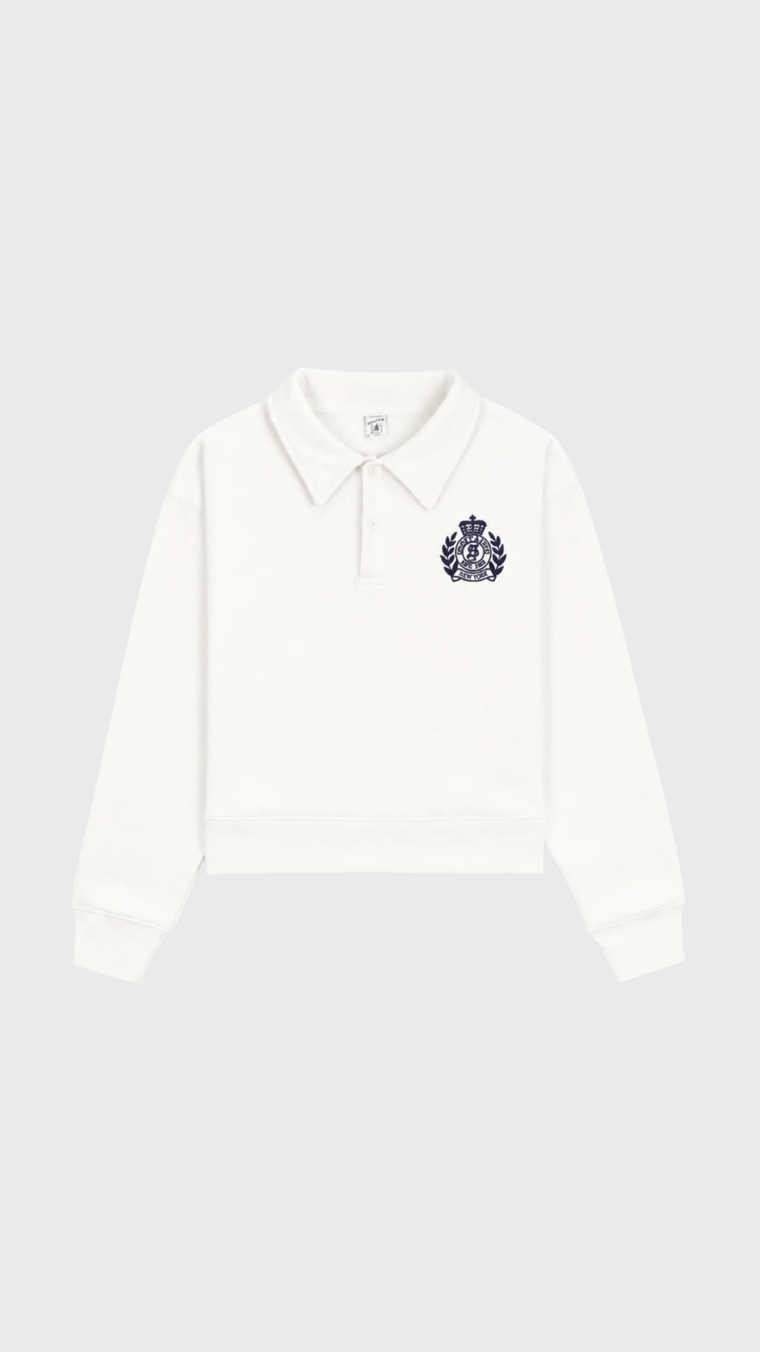 Sporty & Rich Elfa NY Crest Embroidered Open Polo in Off White