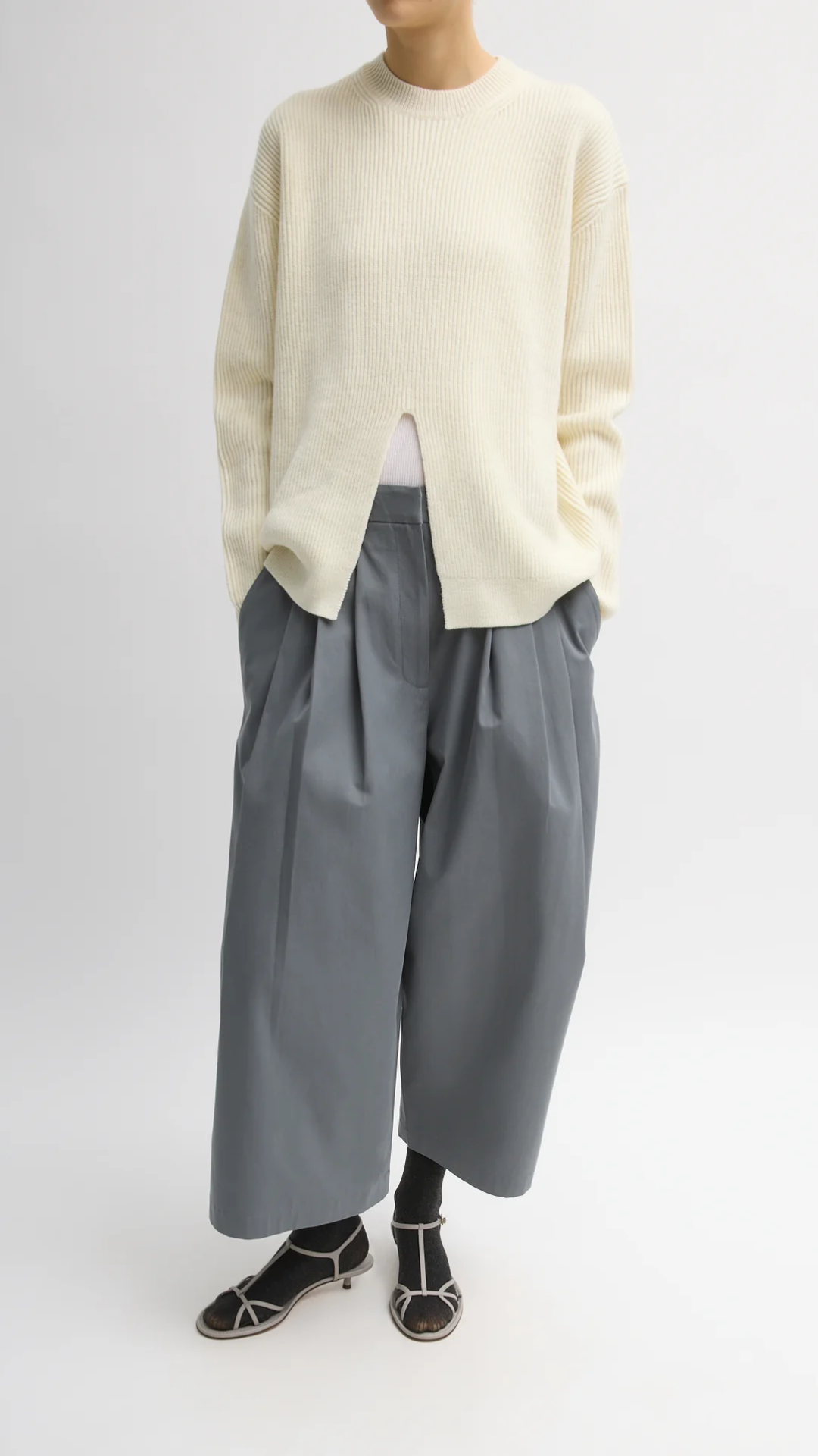Tibi Cardigan Stitch Split Front Crewneck in Ivory