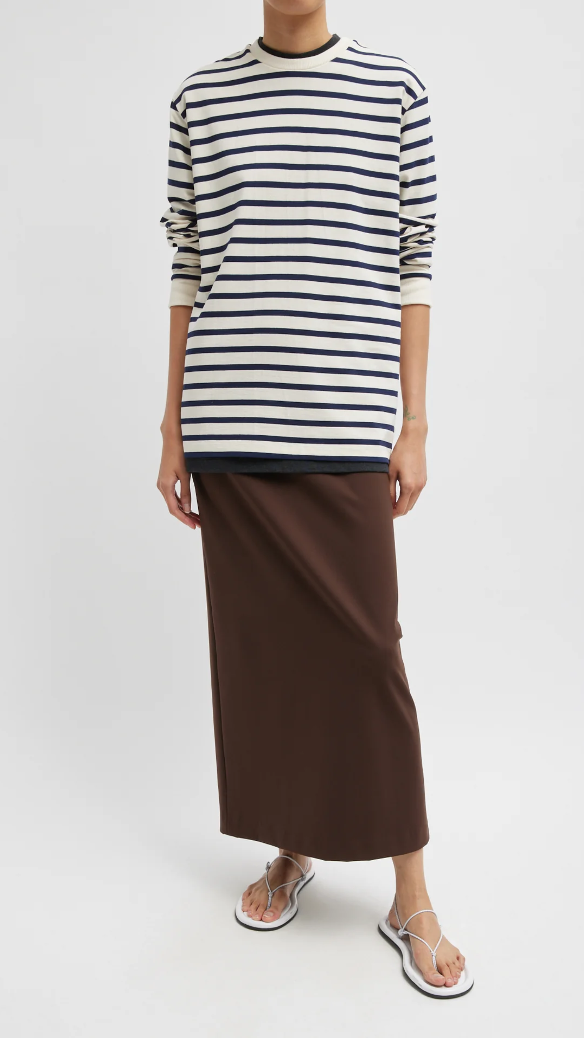 Tibi Striped Perfect Long Sleeve T-Shirt in Navy Multi