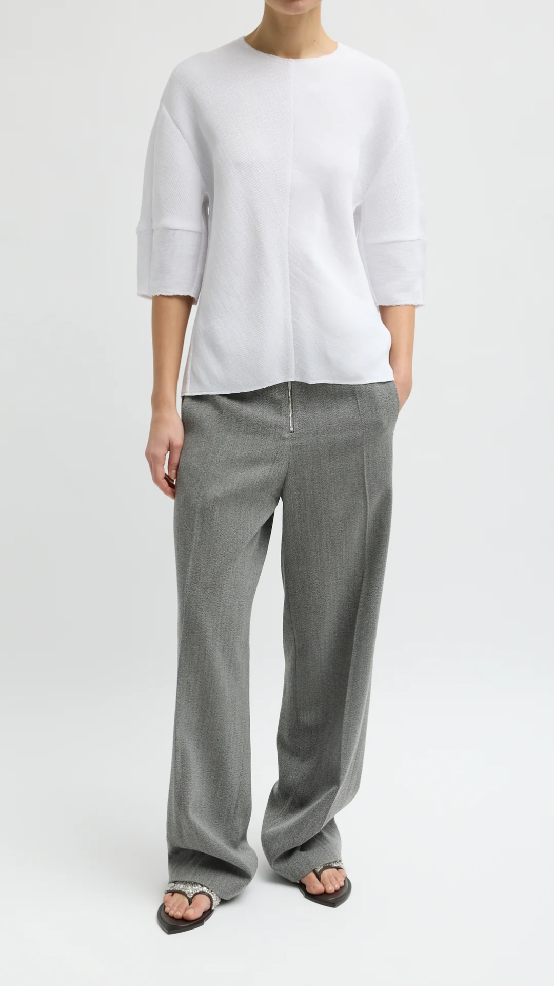 Tibi Viscose Plisse Hinged Short Sleeve Top in White