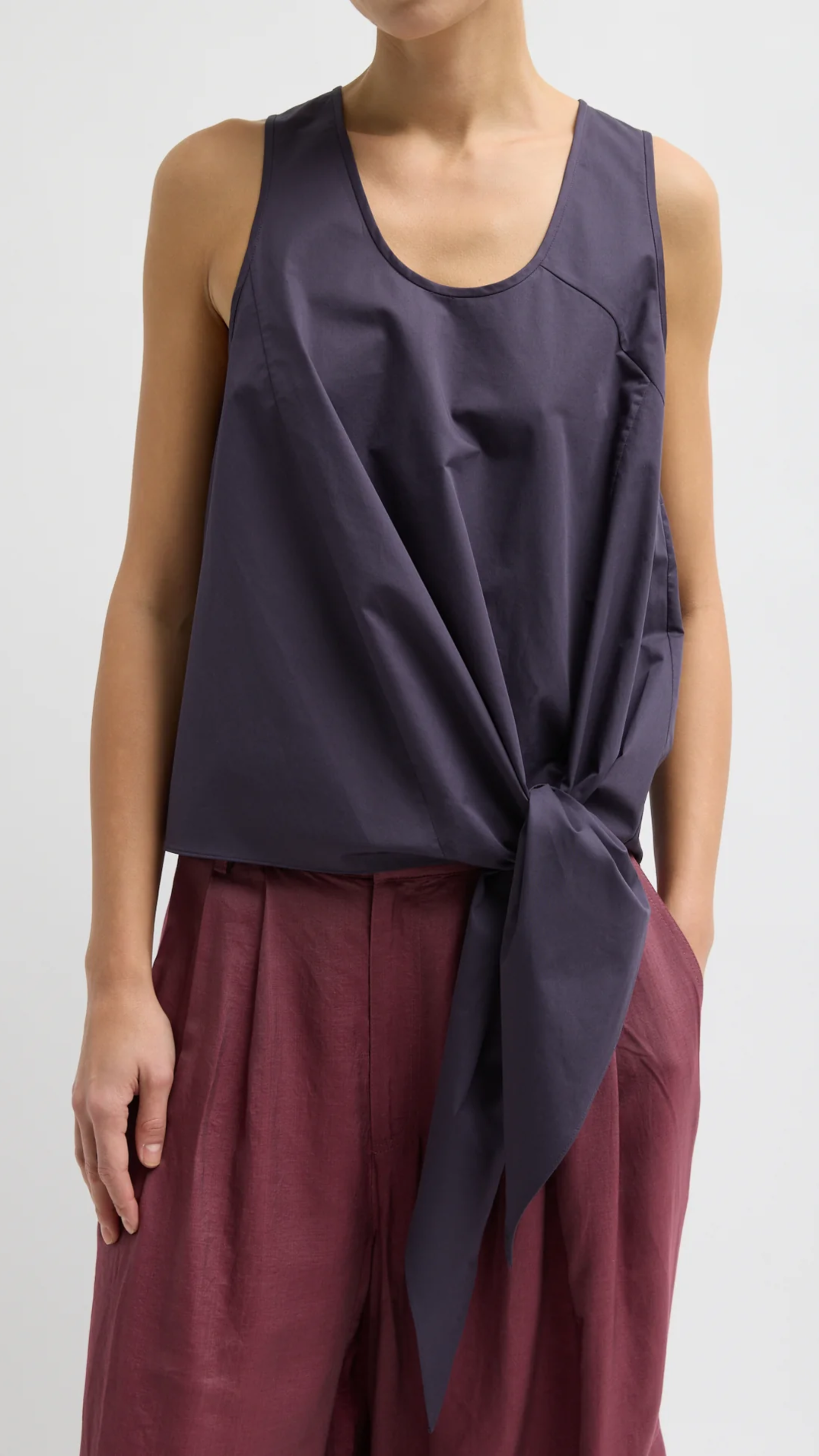 Tibi Eco Poplin Tie Front Top in Eggplant