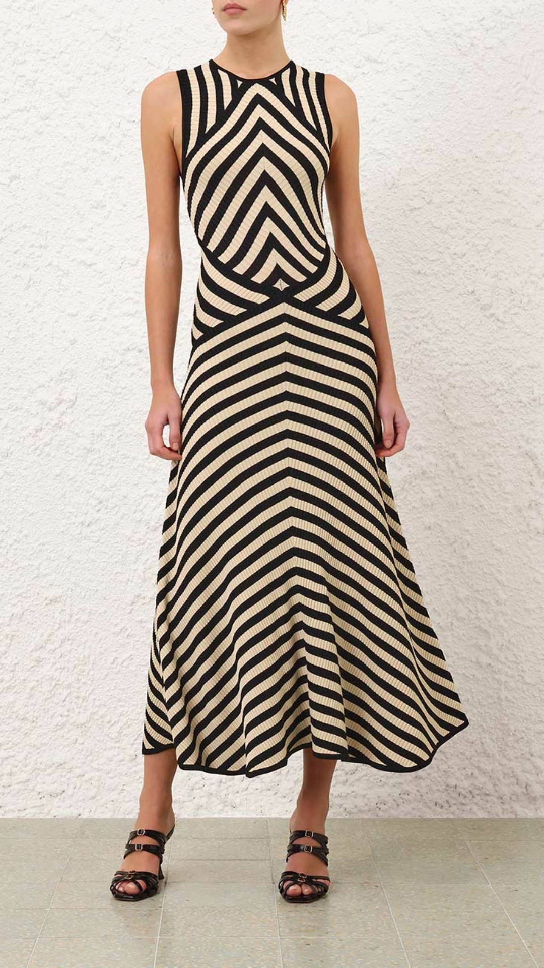 Zimmermann Valiant Deco Stripe Midi Dress in Black Cream