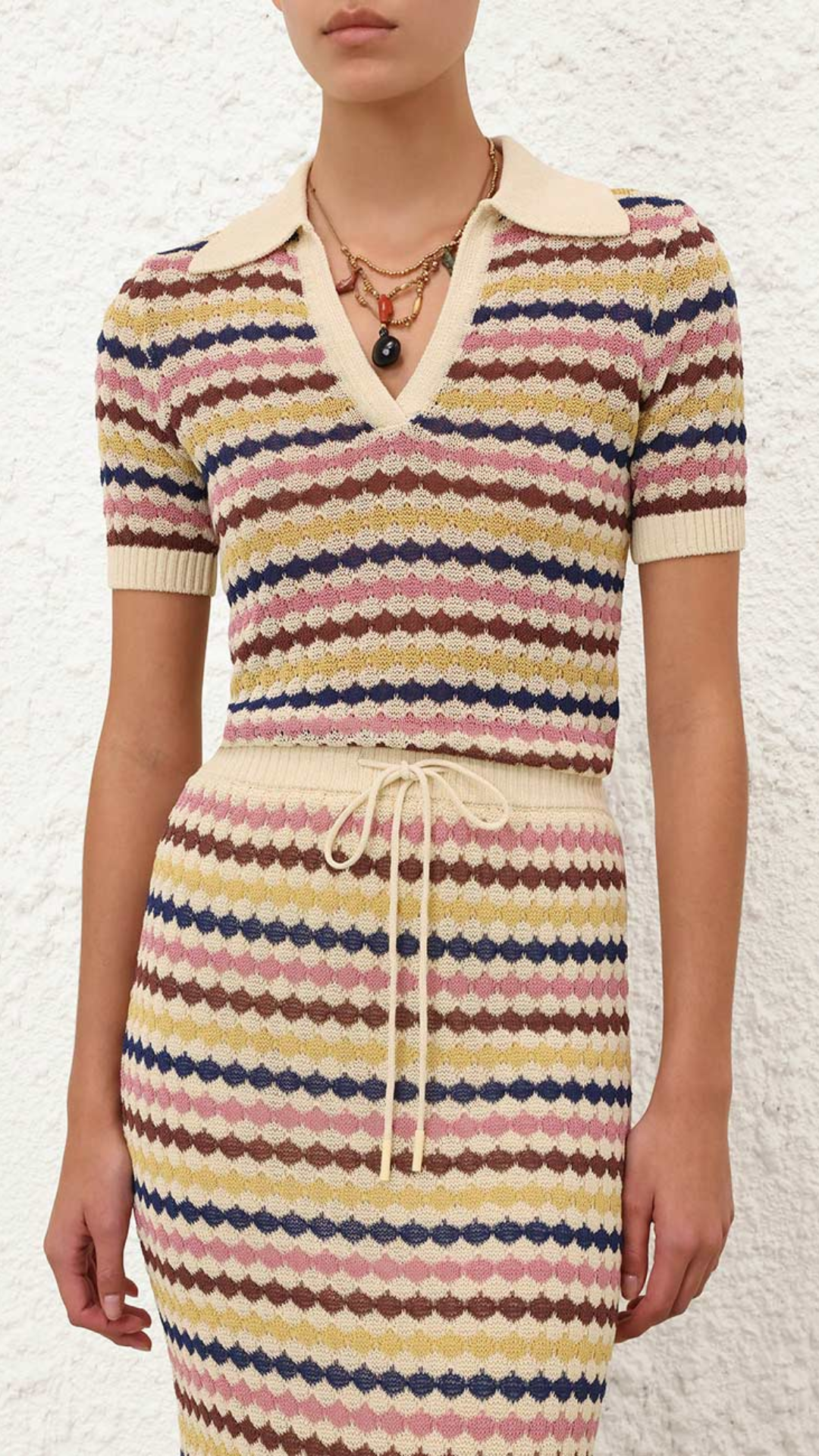 Zimmermann Awaken Scallop Knit Polo in Multi Stripe