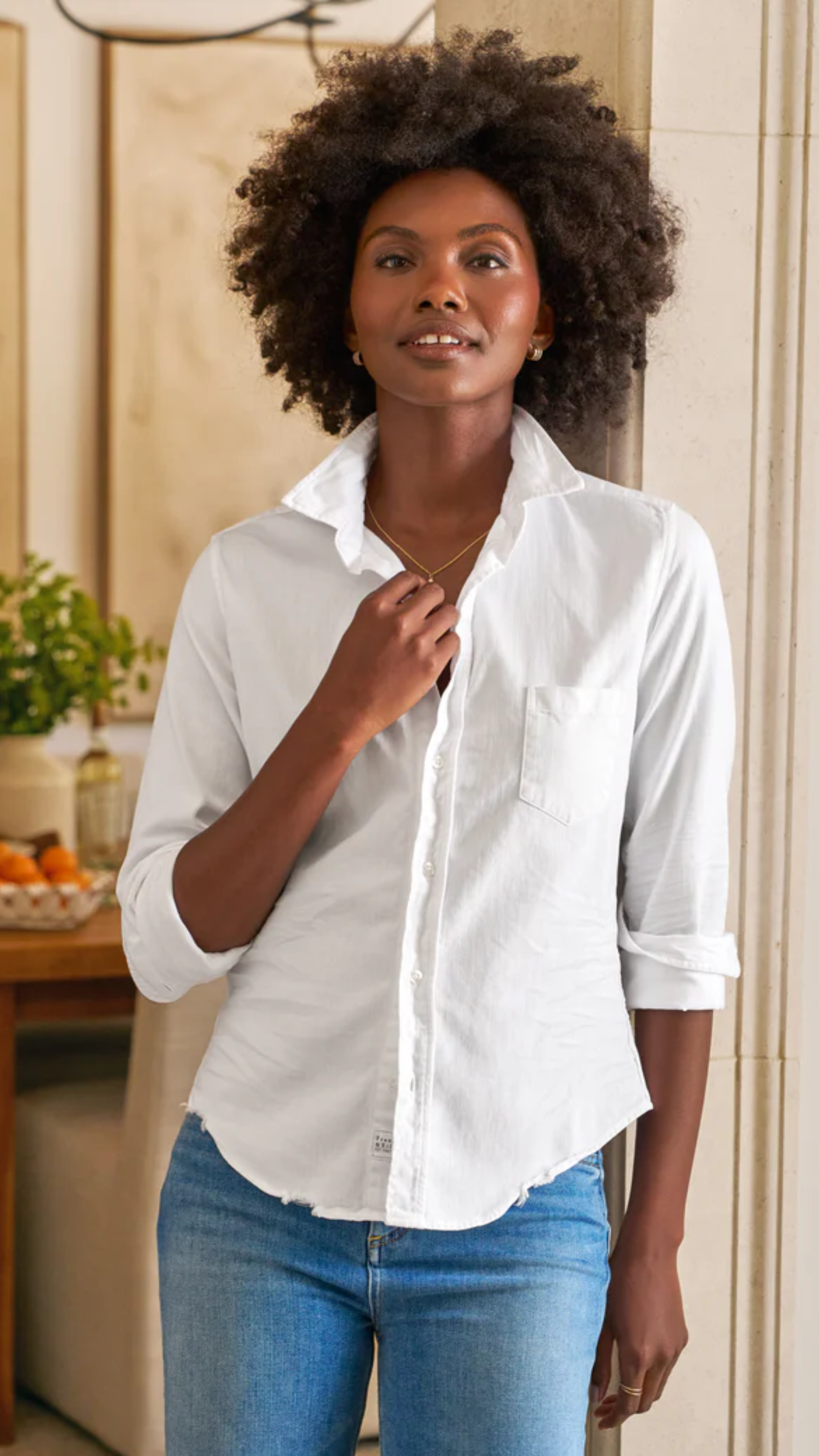 Frank & Eileen Barry Tailored Button Up Shirt in White Tailored Denim