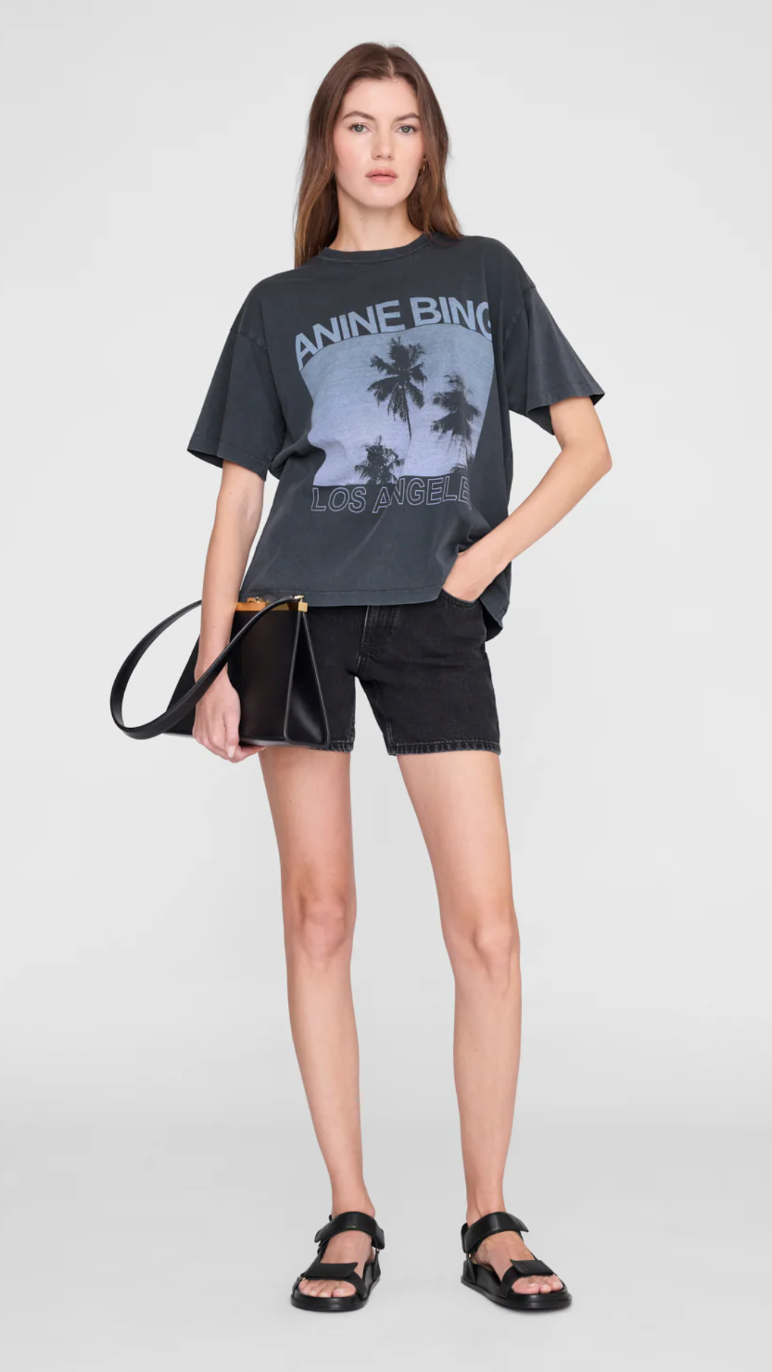 Anine Bing Cade Tee Palms in Washed Black