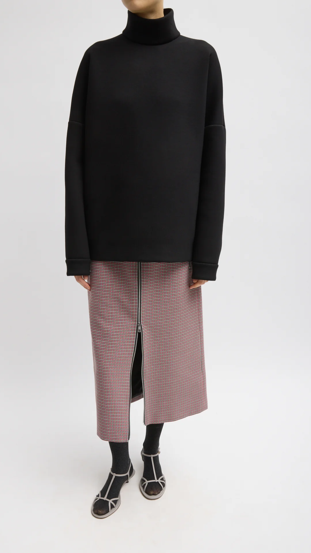 Tibi Leon Check Midi Trouser Zip Skirt in Pink Multi