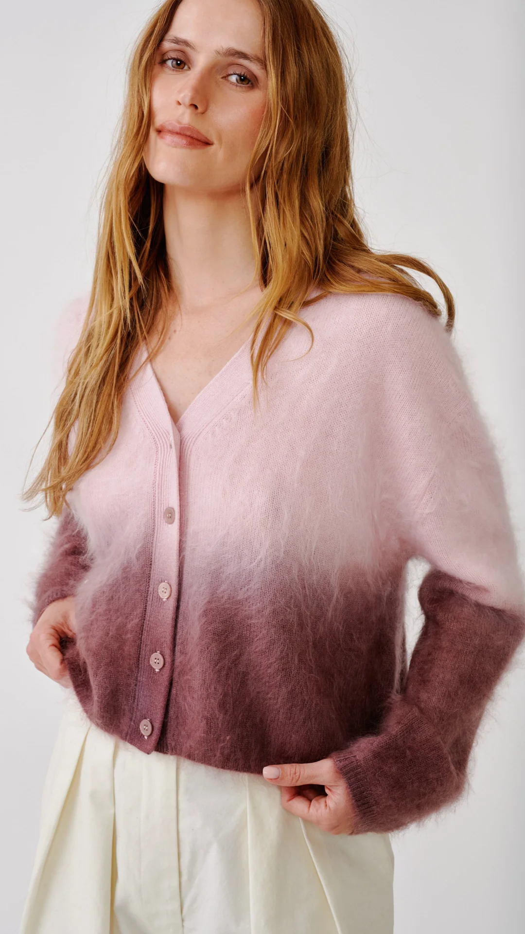 Sablyn Jolie V-Neck Cropped Ombre Cardigan in Soft Pink
