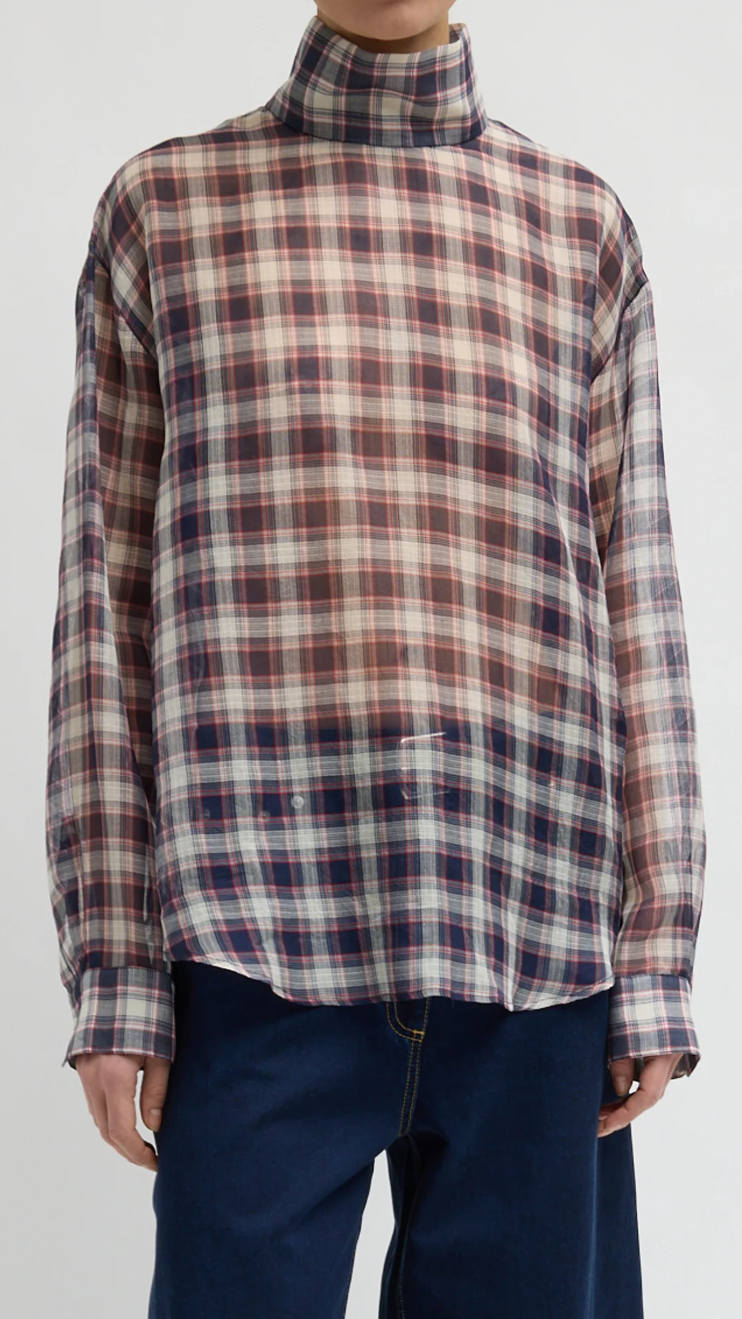 Tibi Silk Cotton Plaid Funnel Neck Top in Black/Red Multi