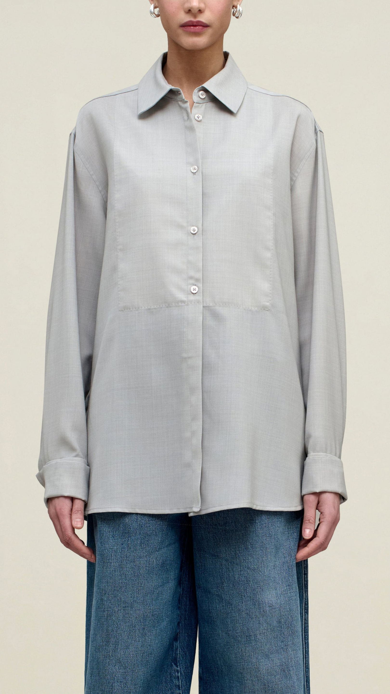 Kallmeyer Chloé Bib Button Down in Light Silver Wool Voile
