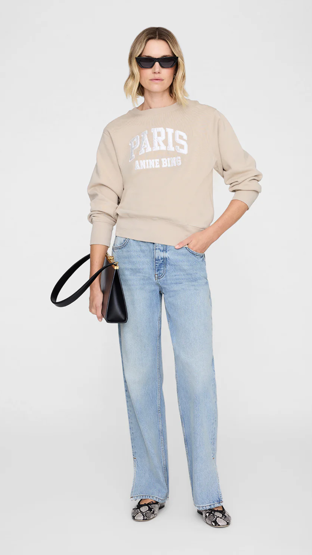 Anine Bing Harry Shrunken Paris Sweatshirt in Beige