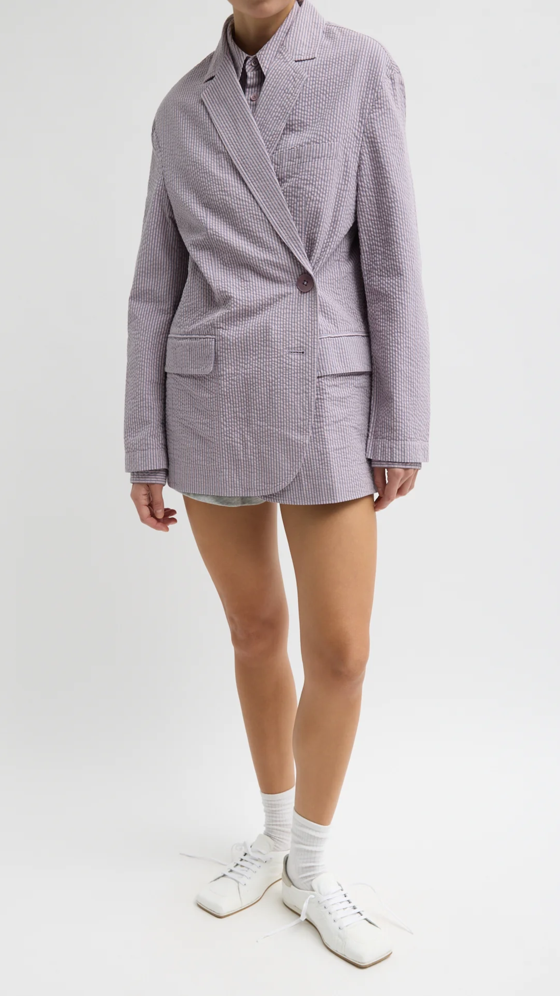 Tibi Garment Dyed Seersucker Liam Blazer in Mauve