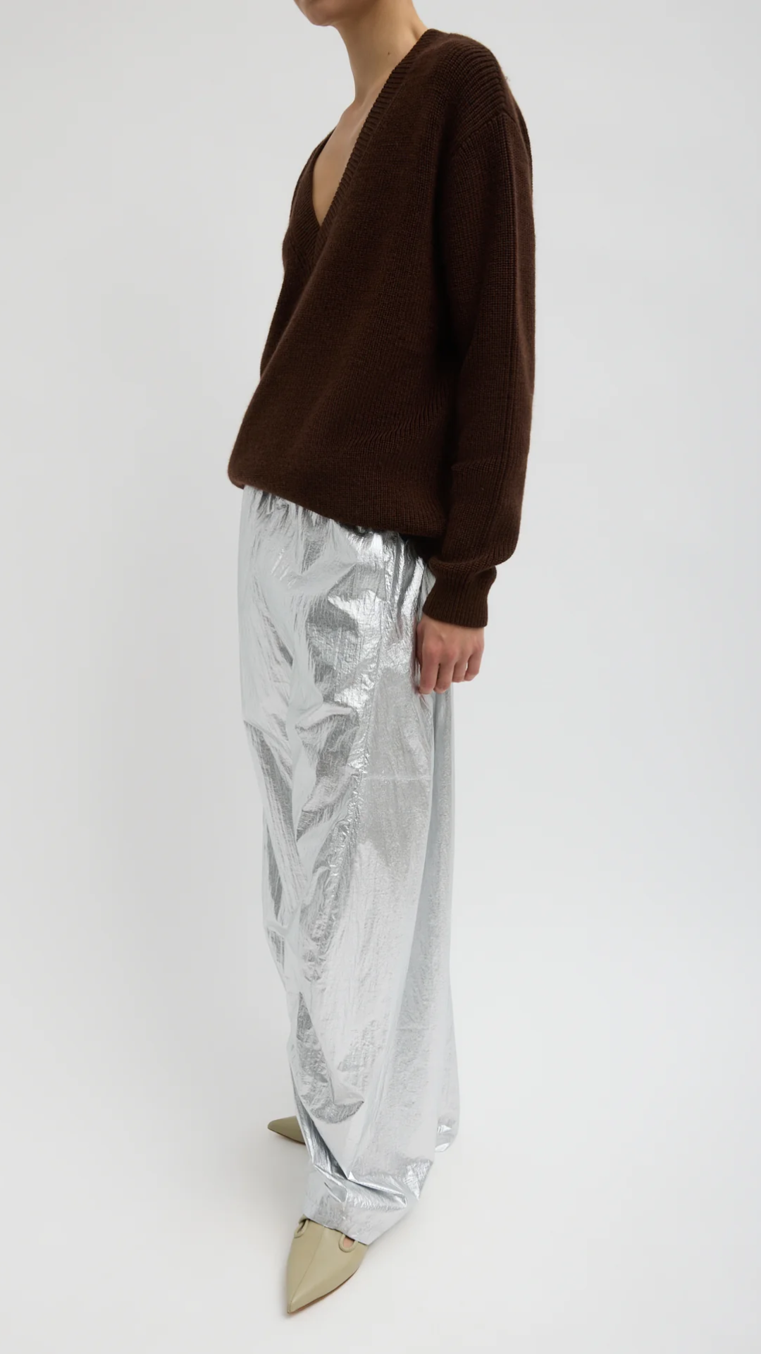 Tibi Silver Metallic Nylon Winslow Pant in Silver