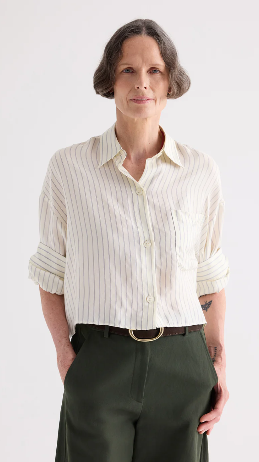 TWP Next Ex Shirt in Ivory/Blue Pencil Stripe