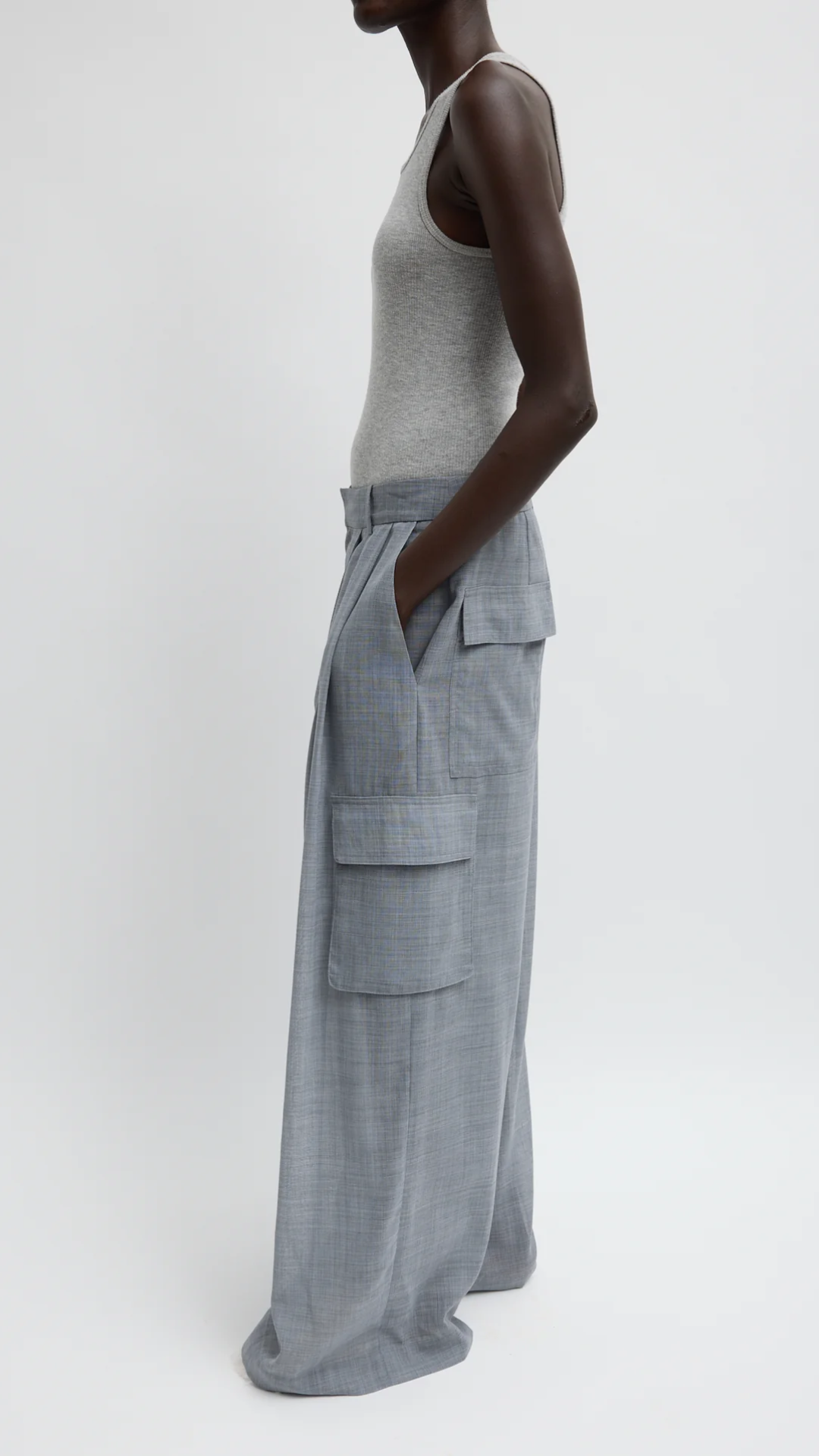 Tibi Sheer Wool Gauze Triple Pleat Pant in Heather Grey