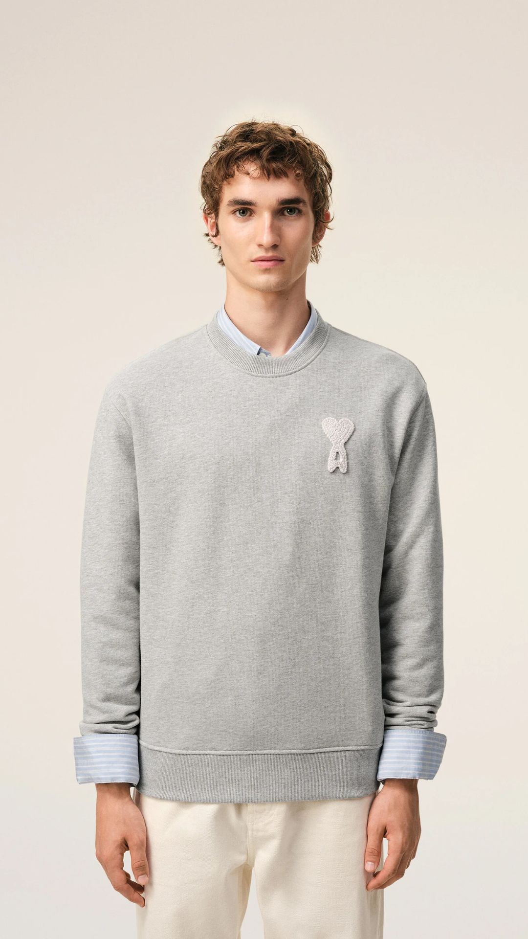 Ami Cotton Crew Ami De Coeur Patch Sweatshirt in Grey/White