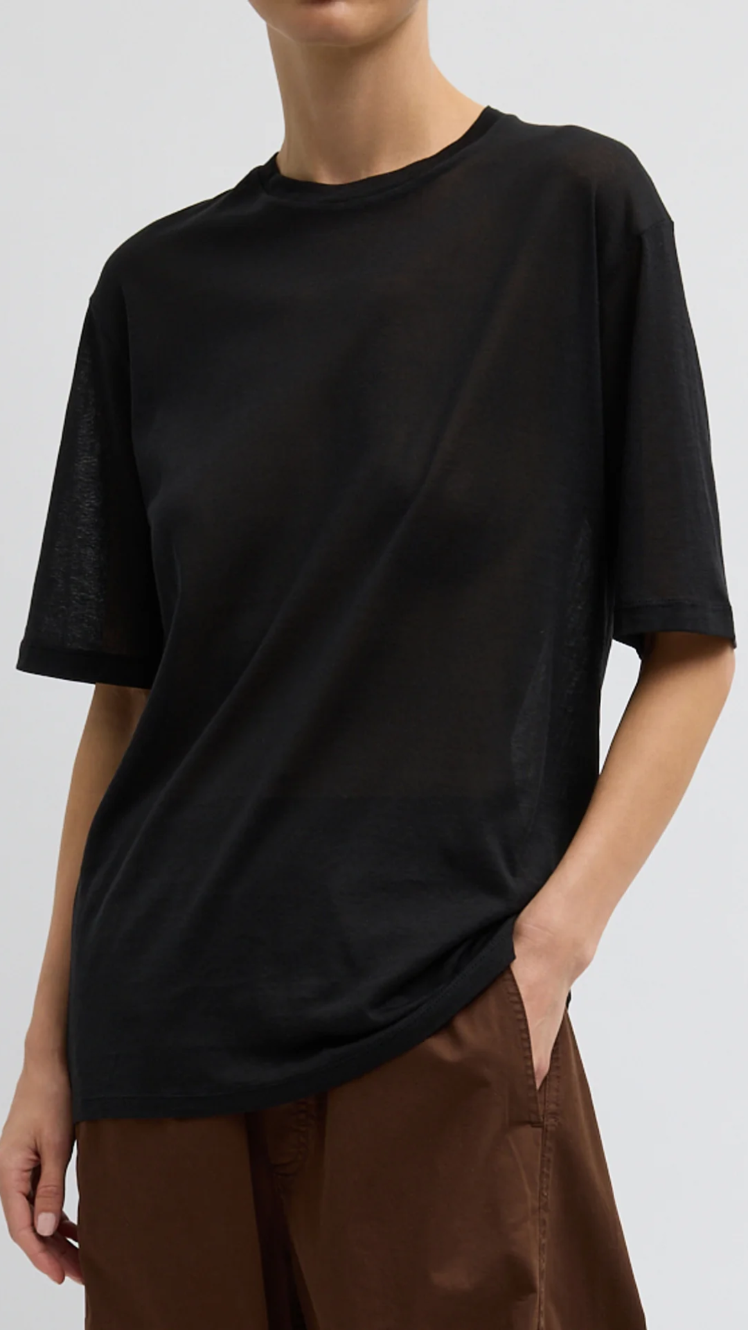 Tibi Sheer Crepe Knit Mock Unisex Tee in Black