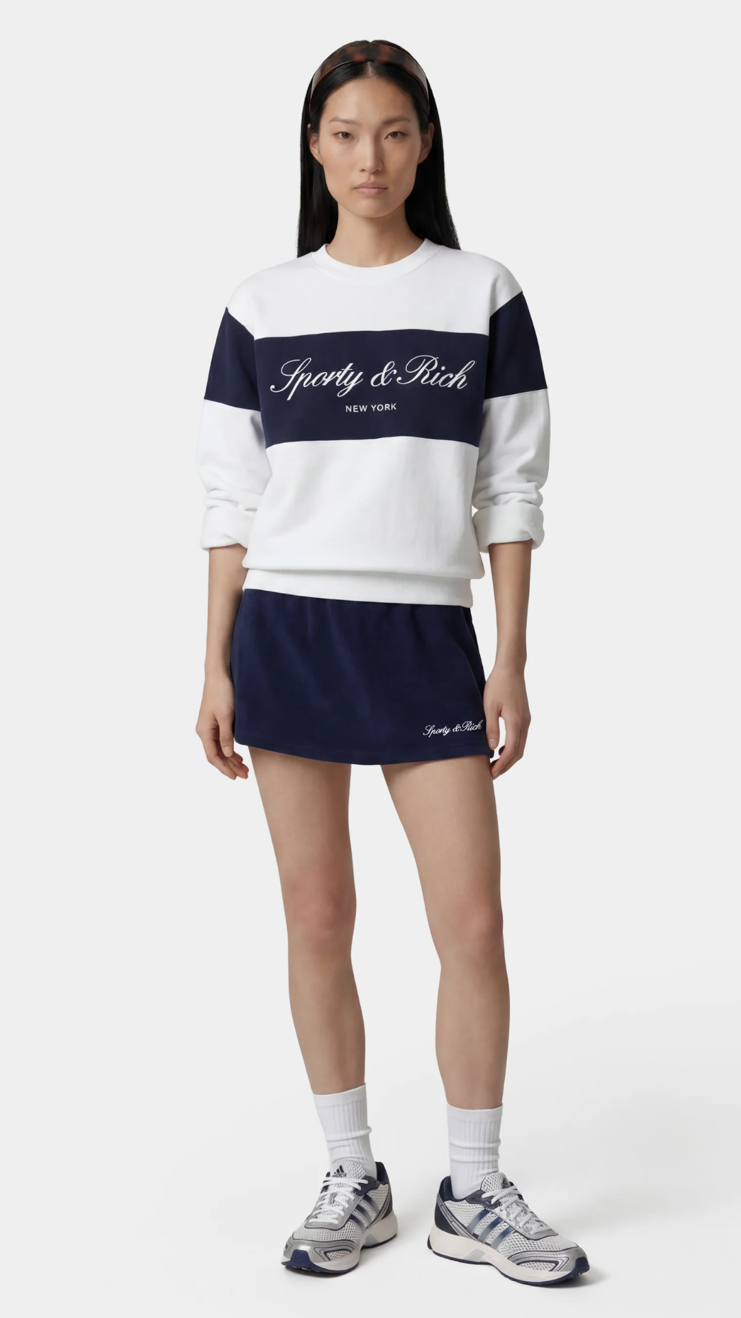 Sporty & Rich Signature Logo Block Crewneck in Dark Navy