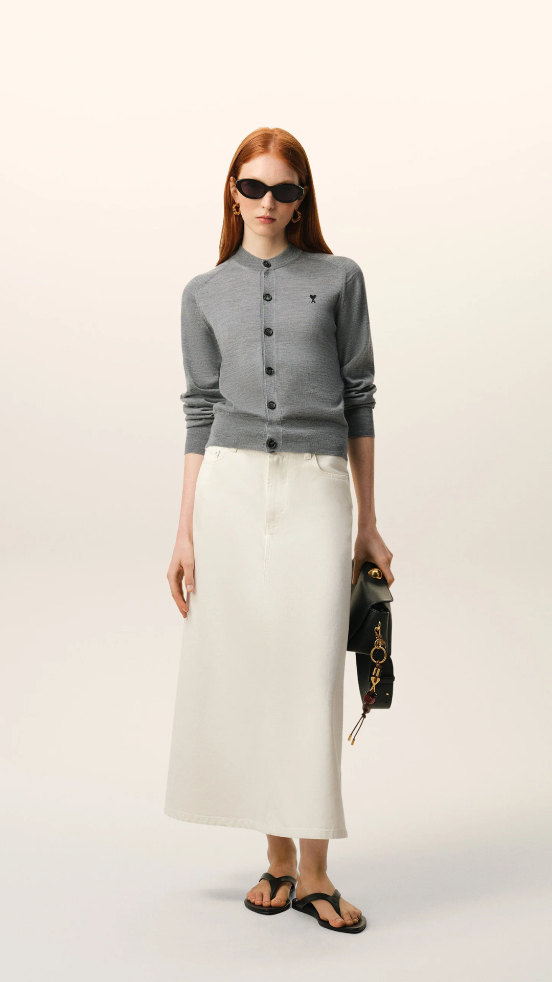 Ami Wool Contrast Ami De Coeur Cardi in Grey/Black